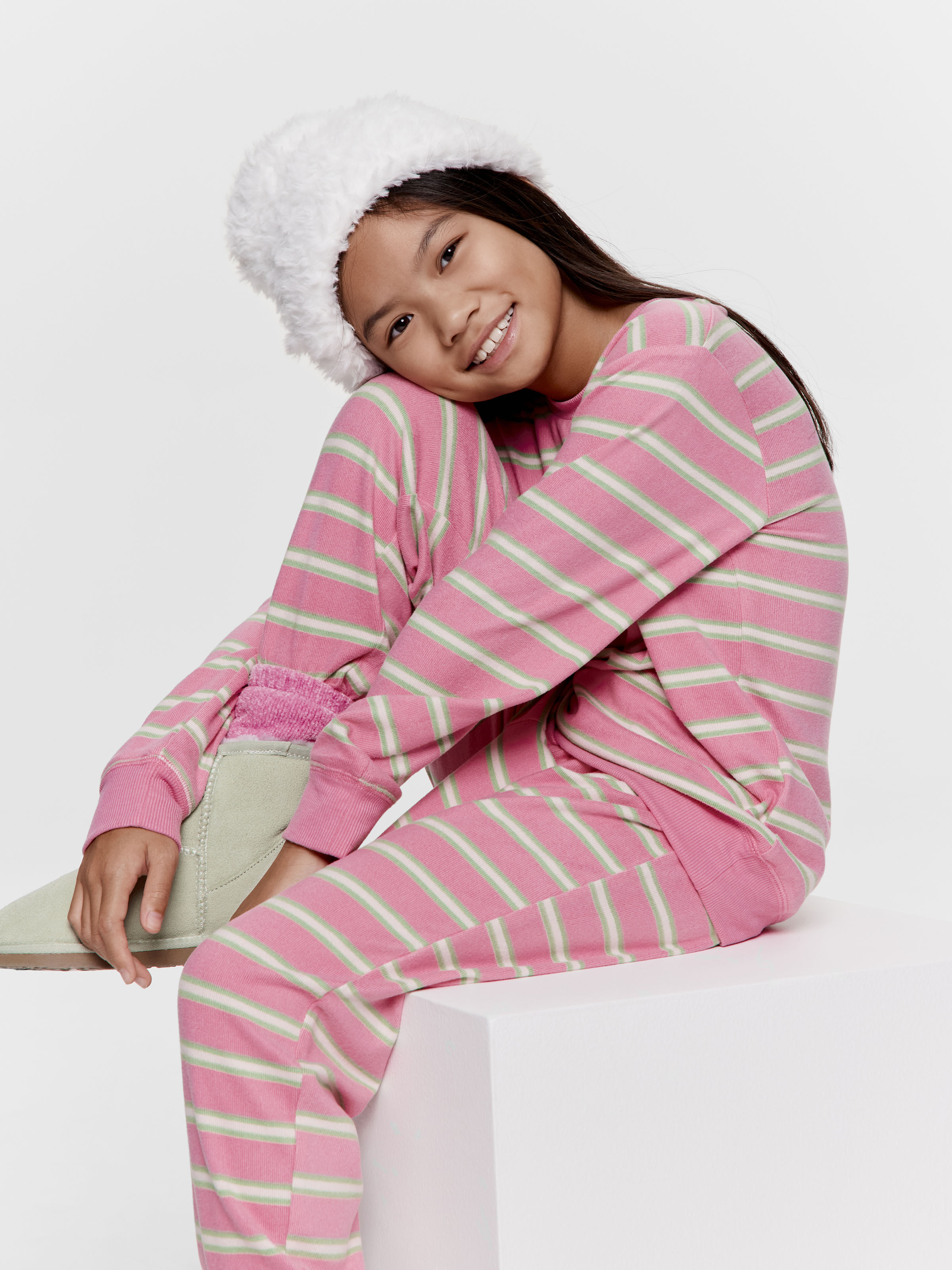 Girls Pink Stripe Plush Long Pj Set
