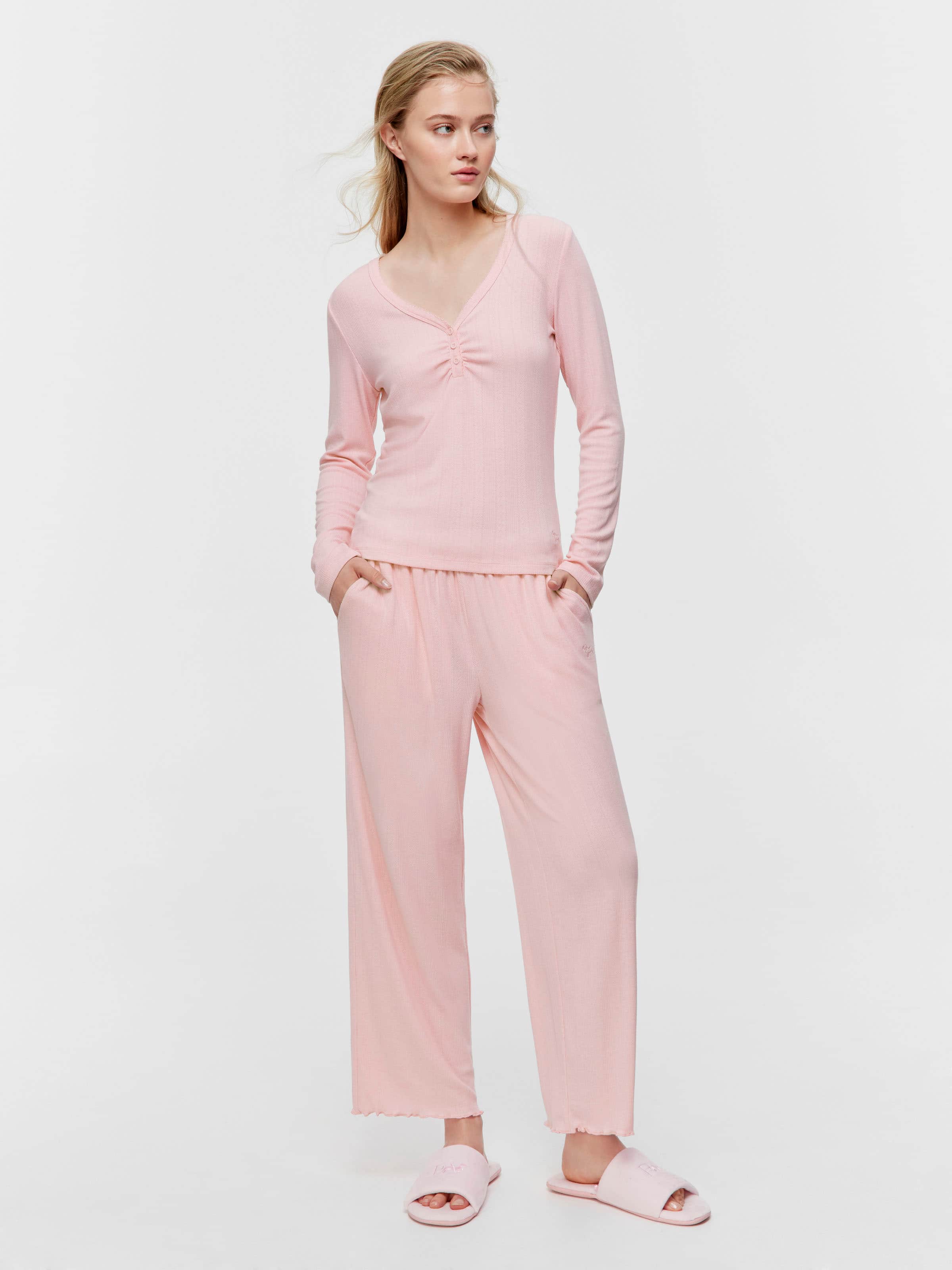 Pink Marle Pointelle Henley Long Sleeve Top