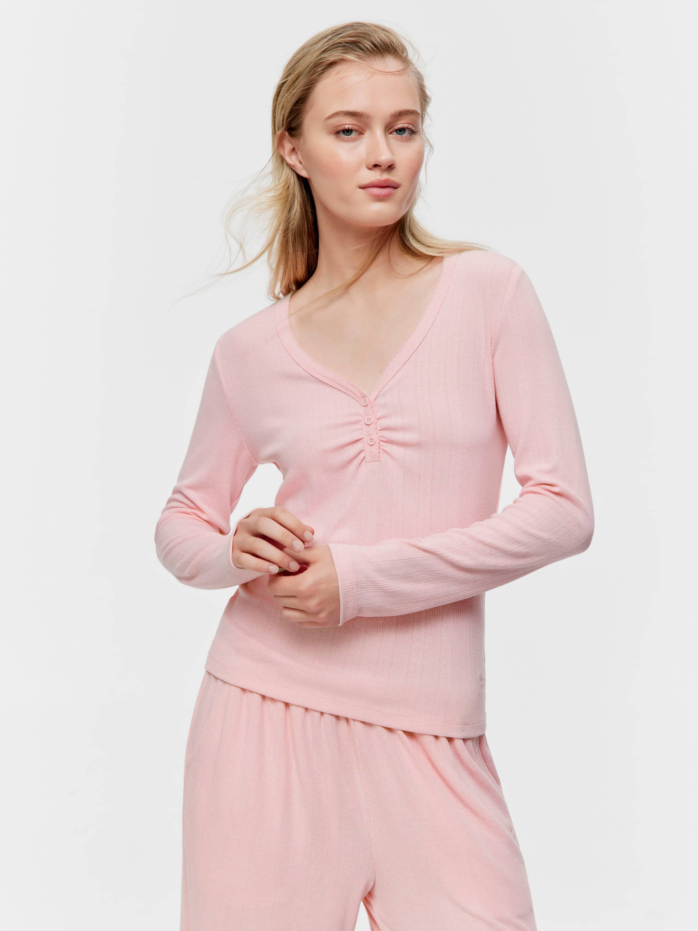 Pink Marle Pointelle Henley Long Sleeve Top