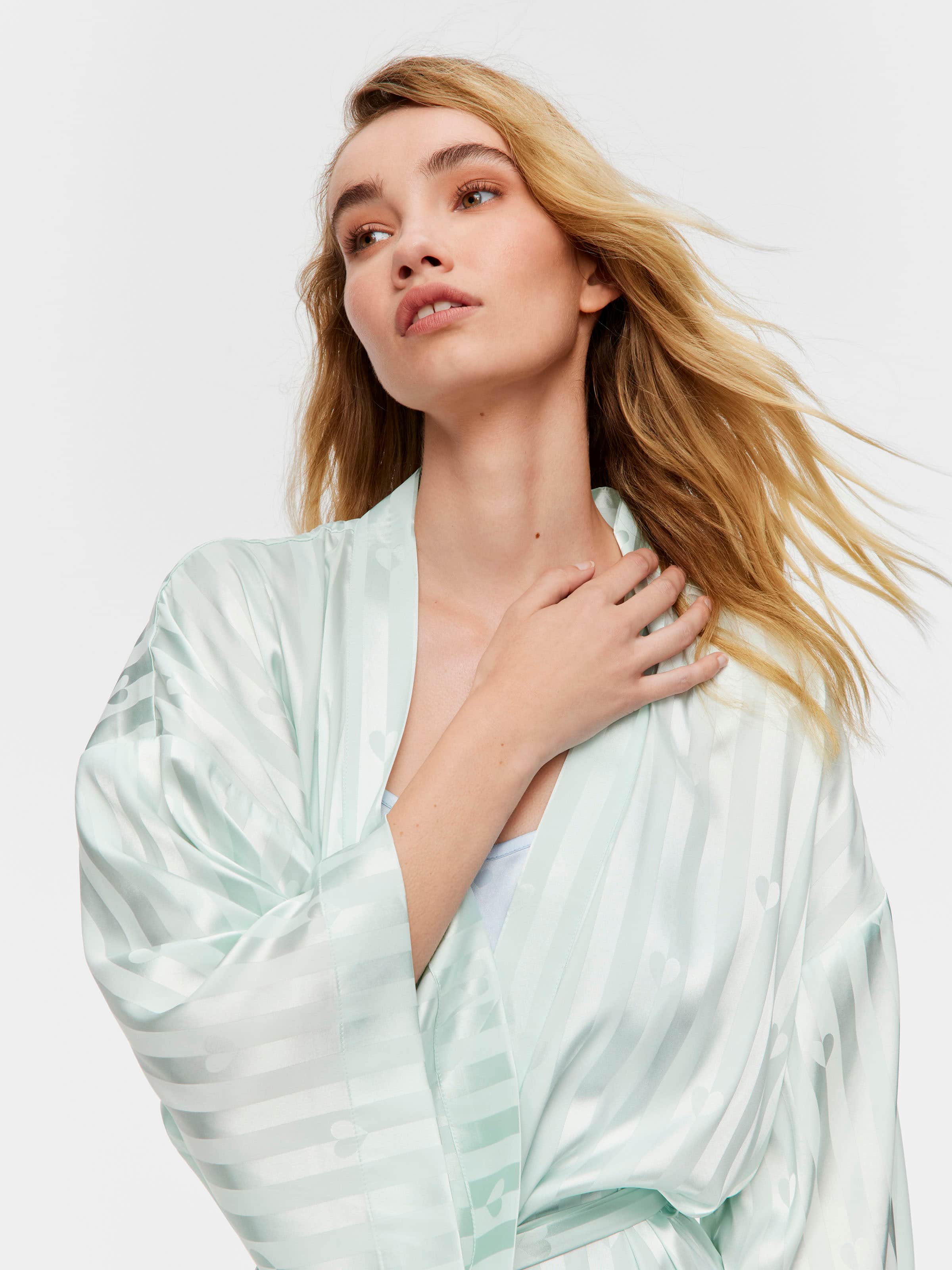 Mint Stripe Heart Satin Kimono Gown