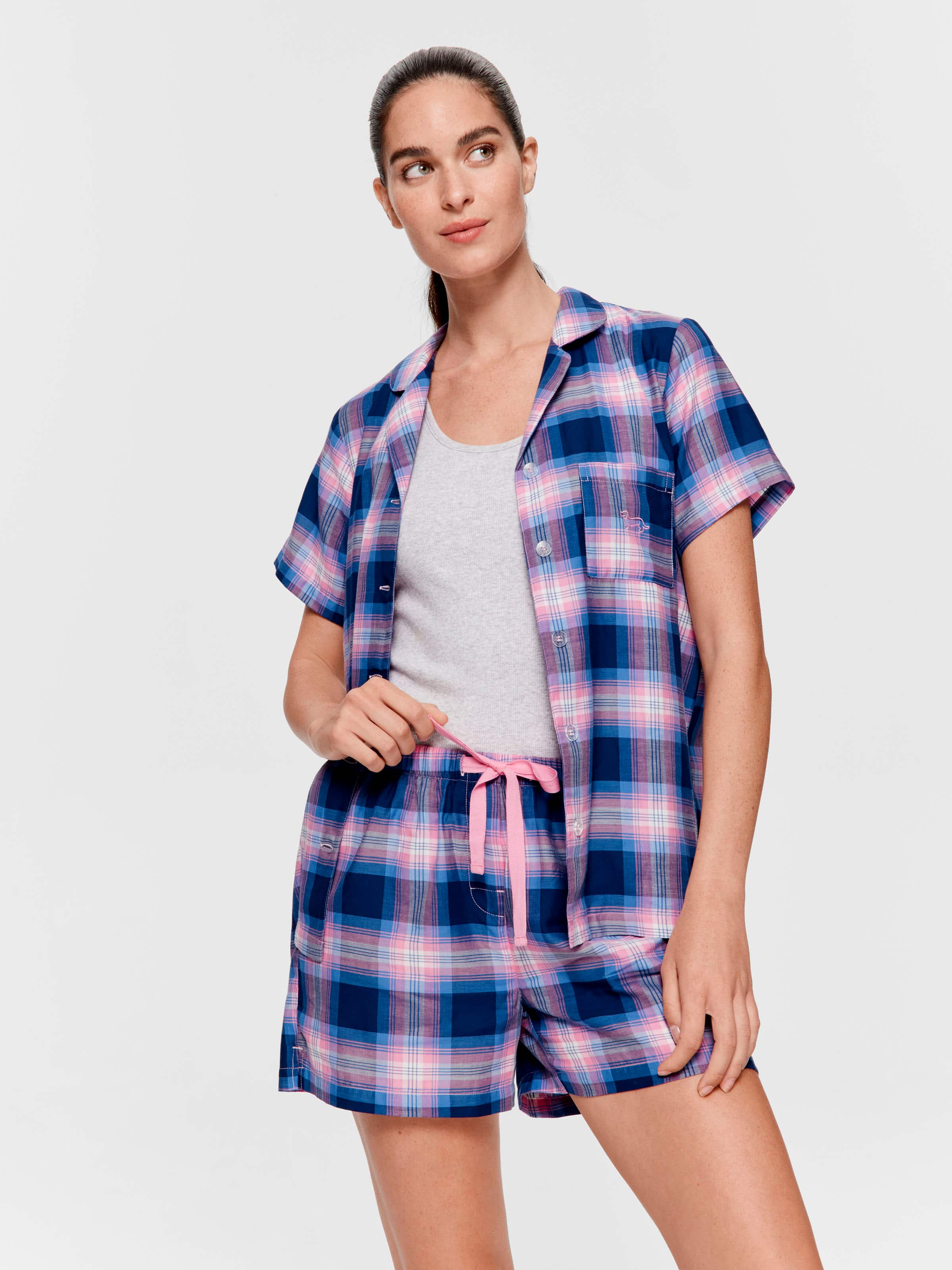 Pink & Blue Check 100% Cotton Shortie Set