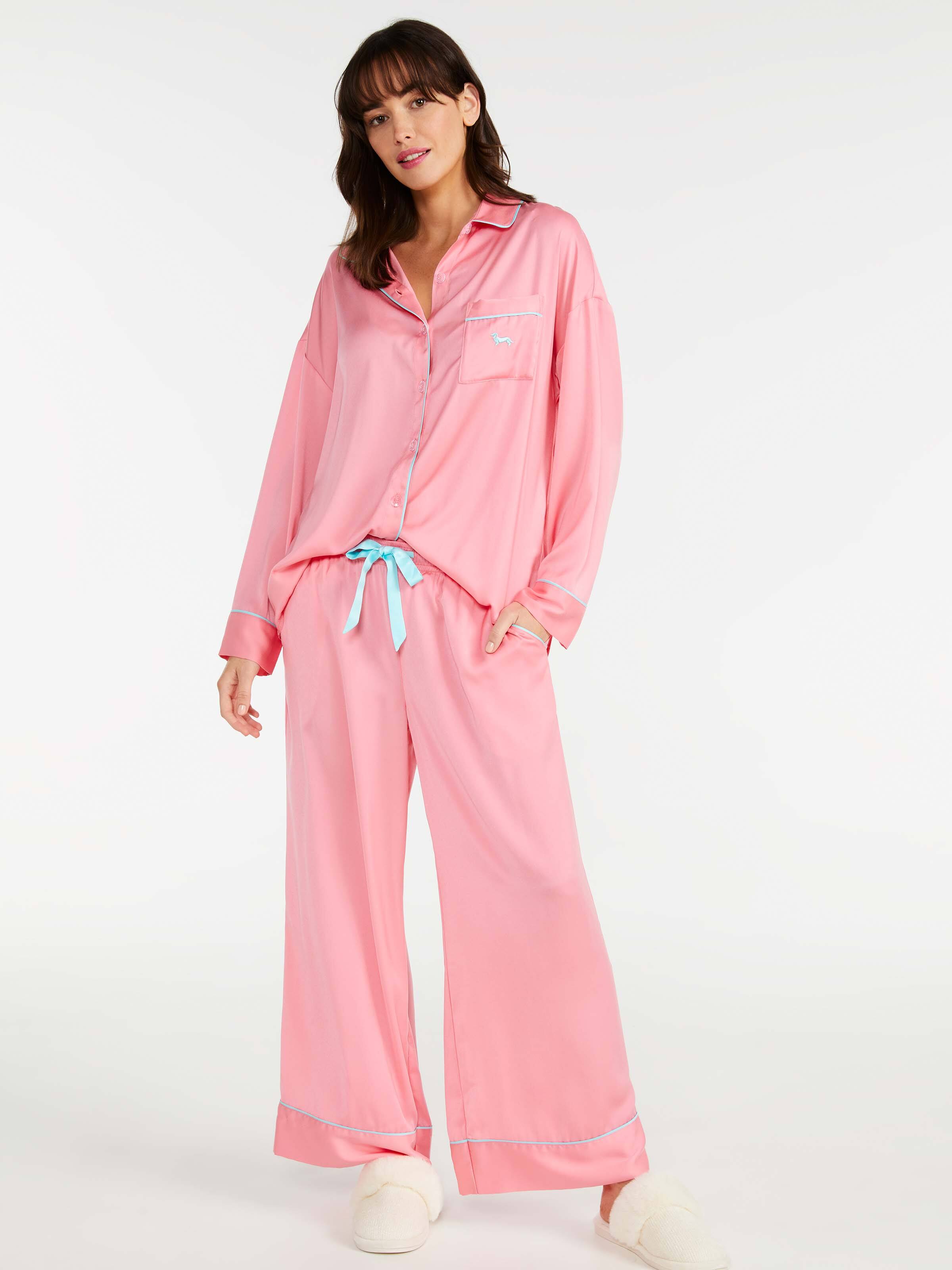 Flamingo Pink Chic Satin Long Pj Set