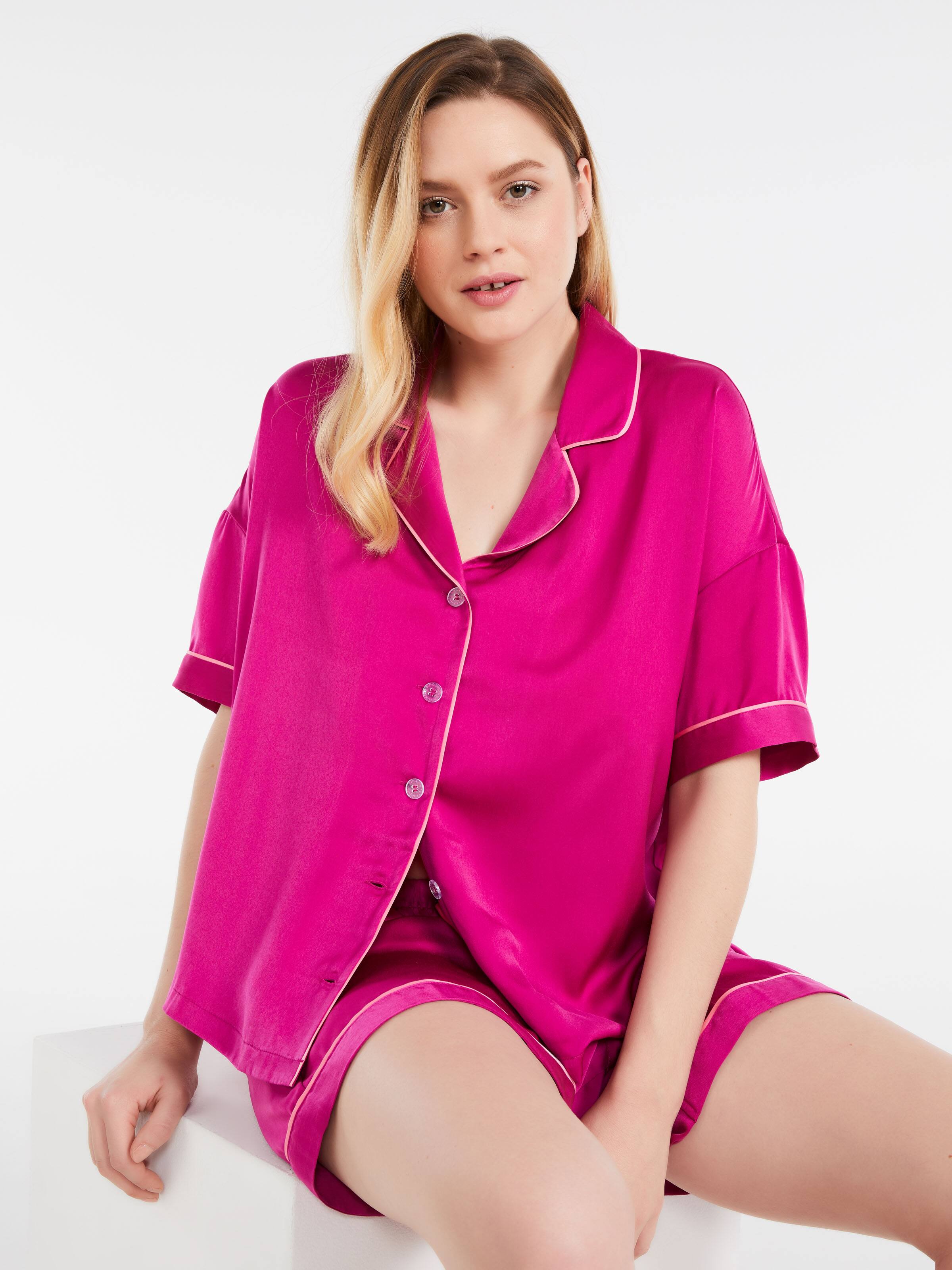 Shocking Pink Chic Satin Shortie Pj Set