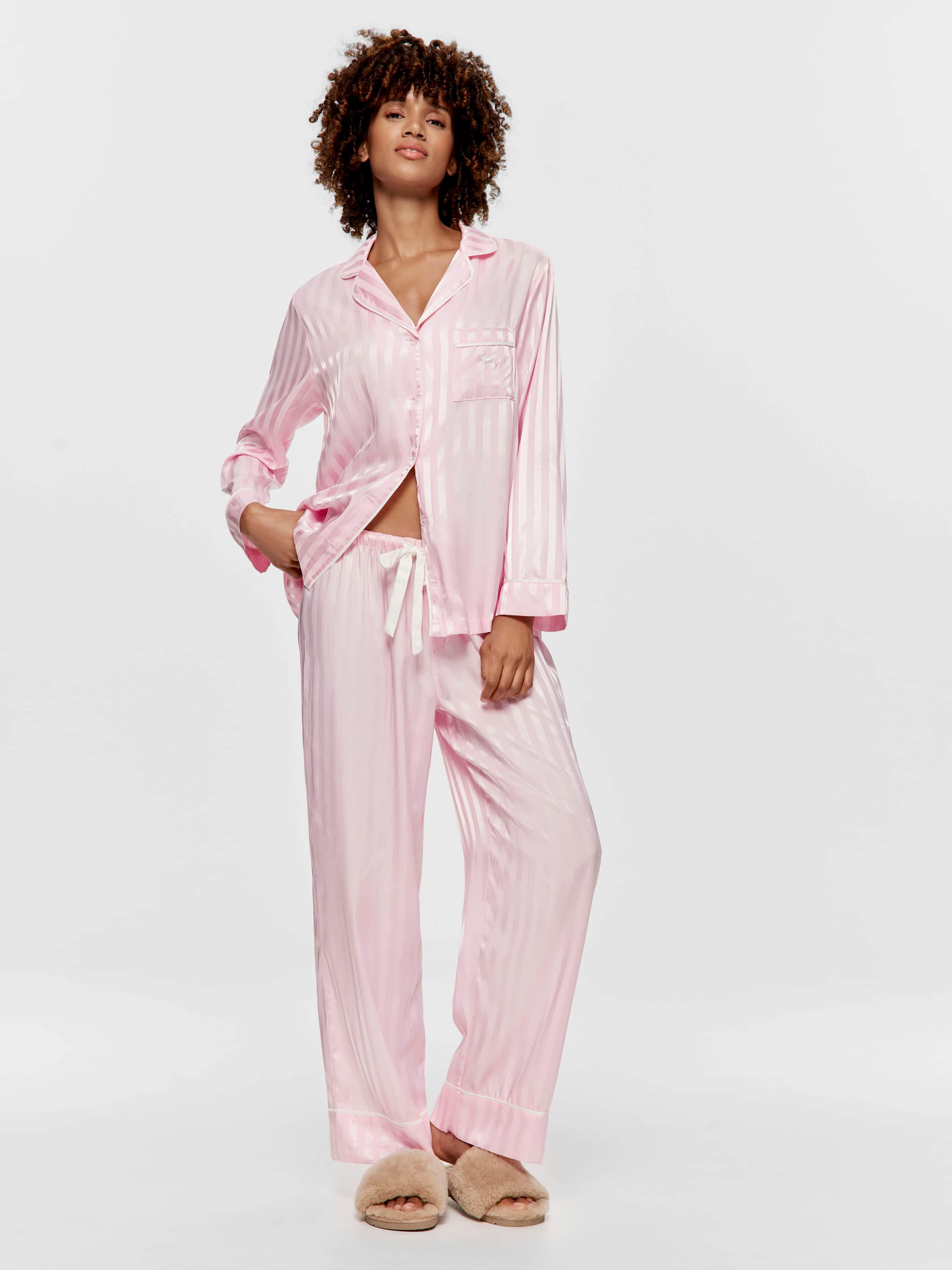 Long Pink Stripe Chic Satin Pj Set Pink - Peter Alexander Online