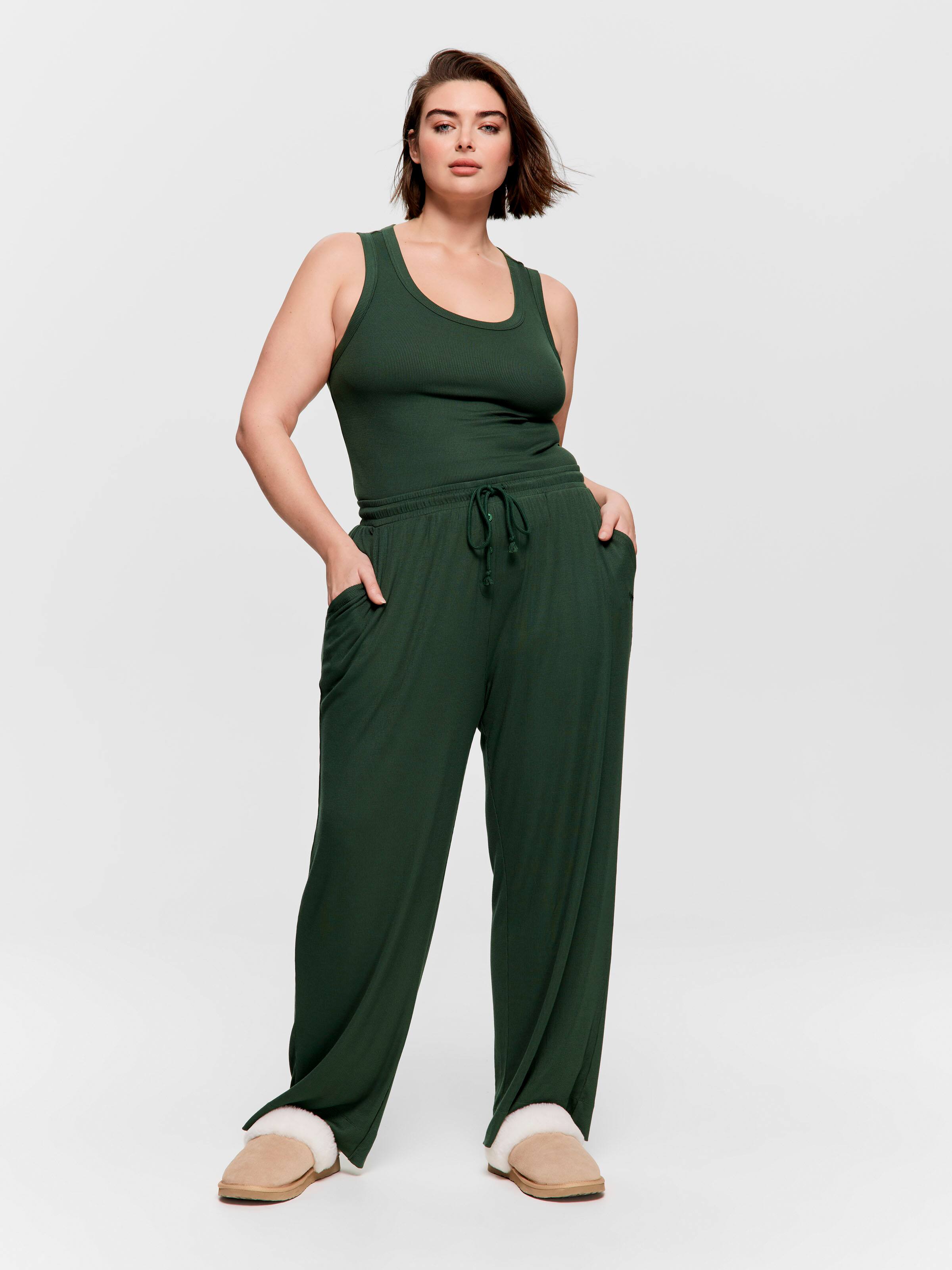P.A. Plus Olive Bamboo Rib Wide Leg Pj Pant