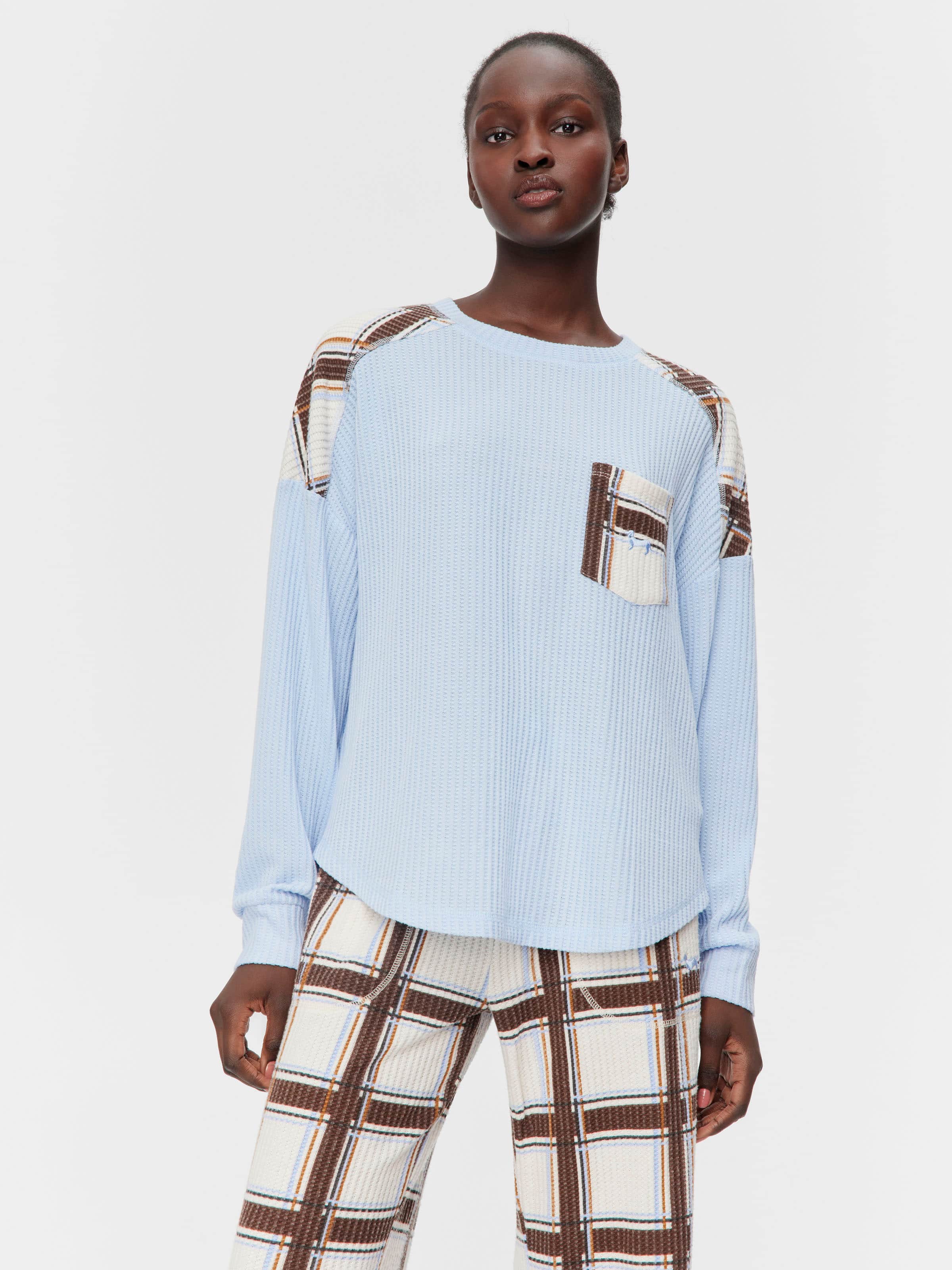 Brushed Waffle Check Oversized Long Sleeve Top
