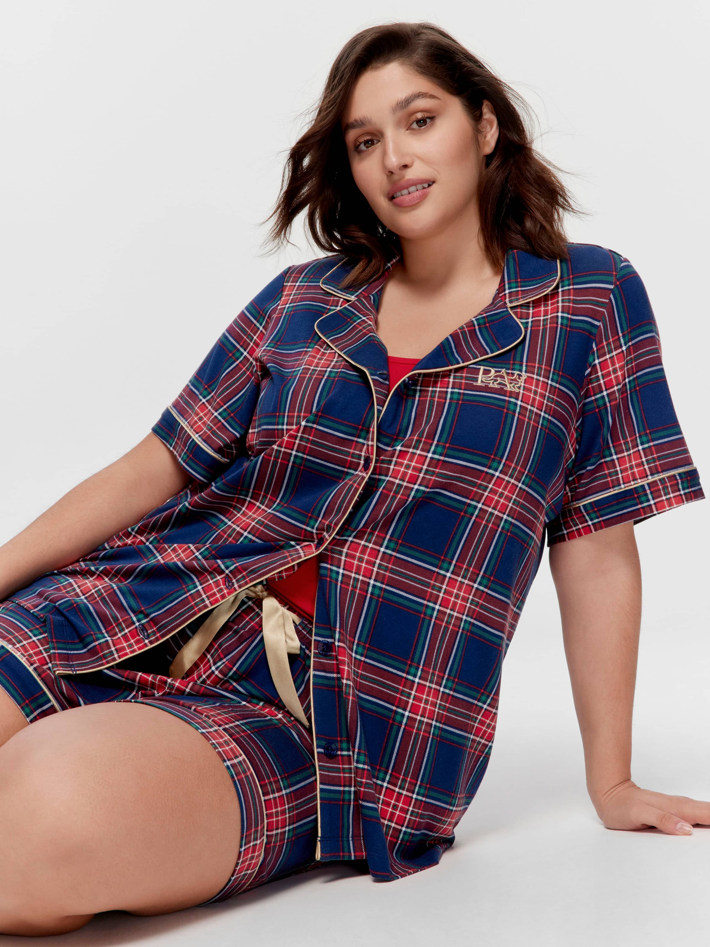 P.A. Plus Navy Tartan Bamboo Blend Shortie Pj Set