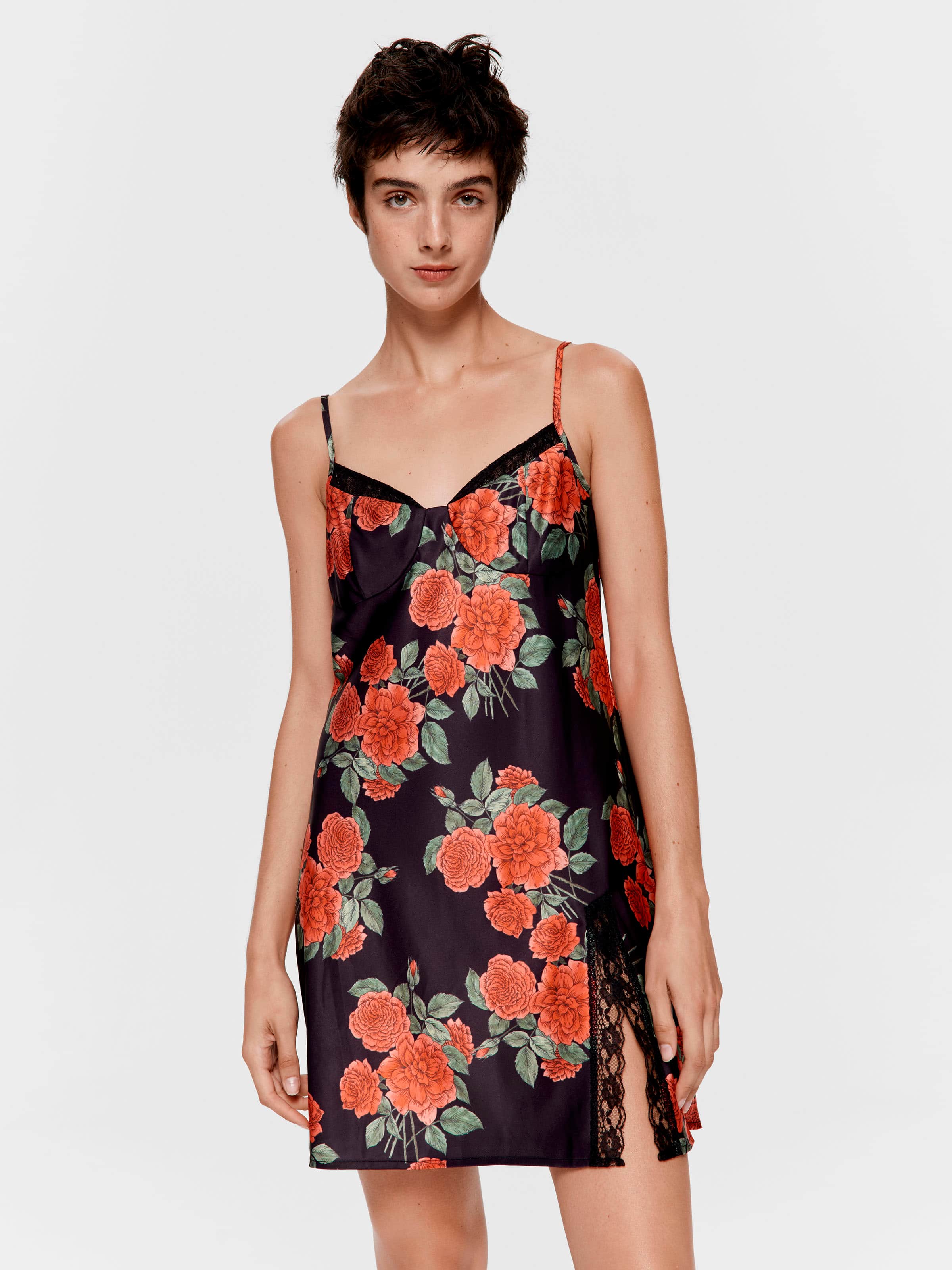 Rose Lace Trim Satin Slip Nightie