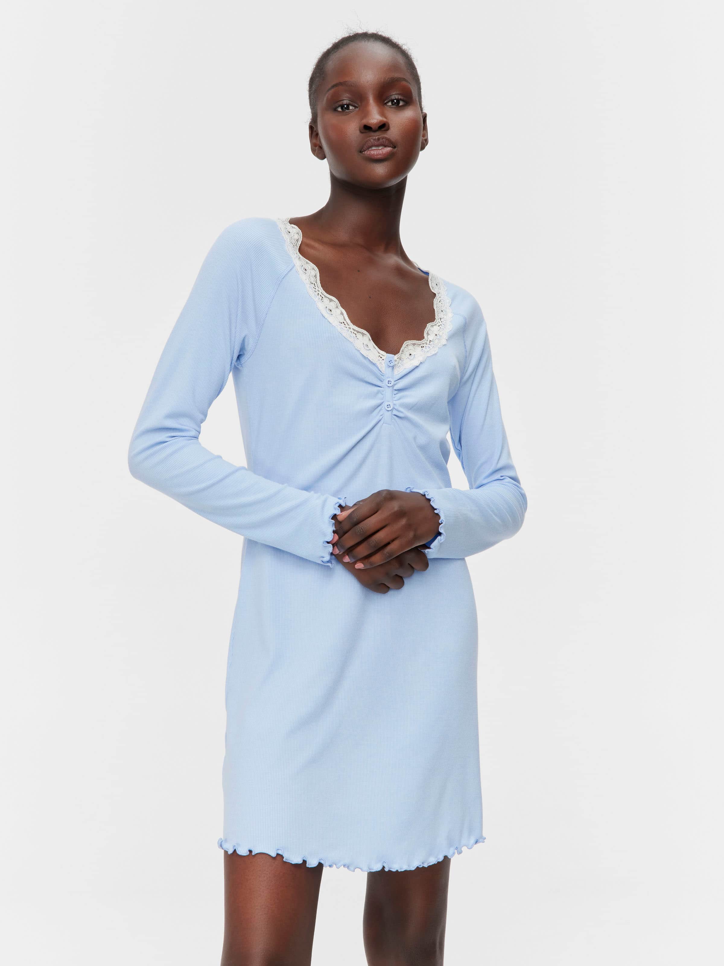 Bamboo Rib Long Sleeve Lace Trim Nightie