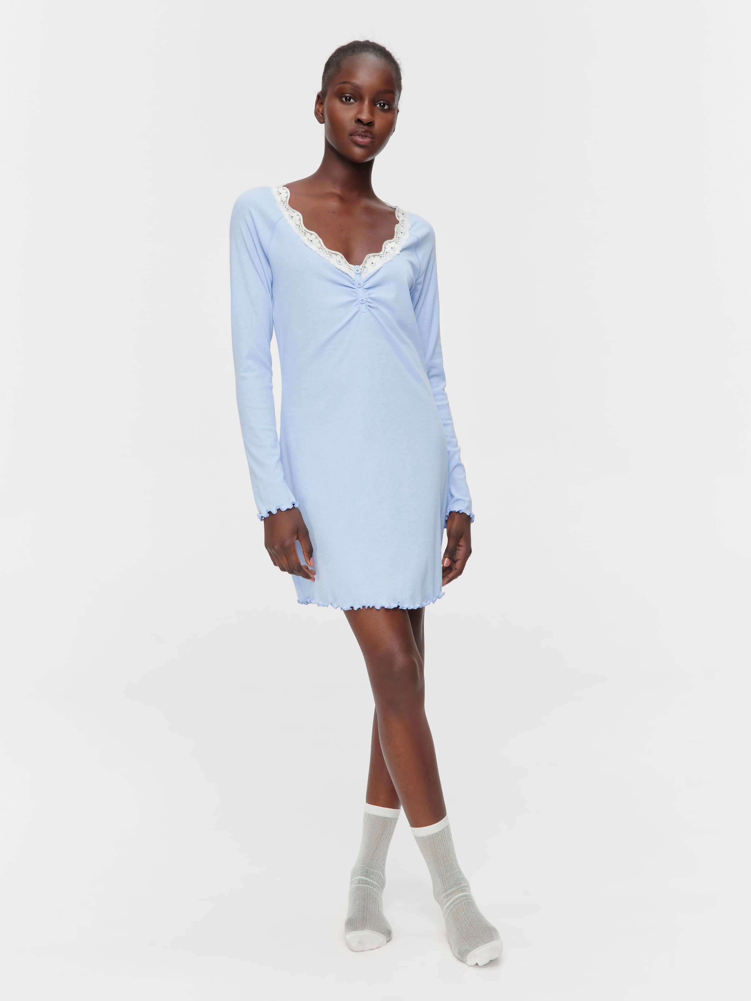 Bamboo Rib Long Sleeve Lace Trim Nightie