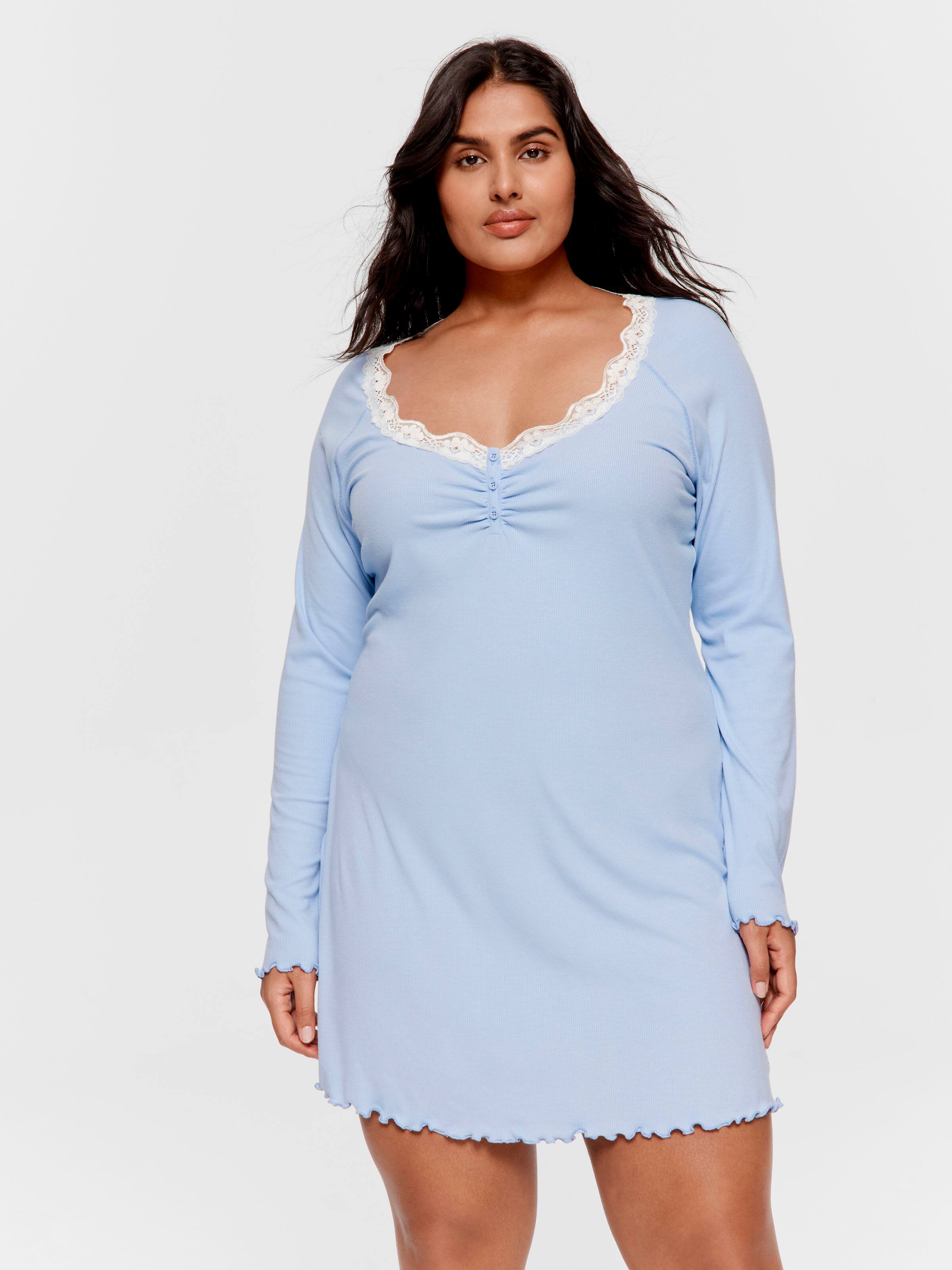 P.A. Plus Bamboo Rib Long Sleeve Lace Trim Nightie