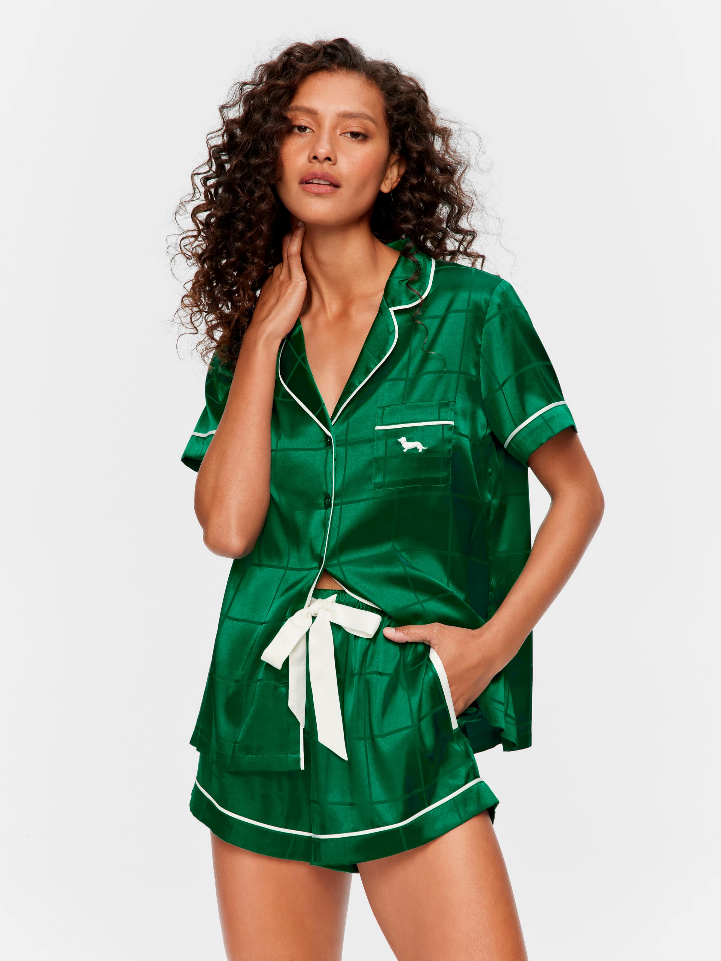Green Check Satin Shortie Pj Set