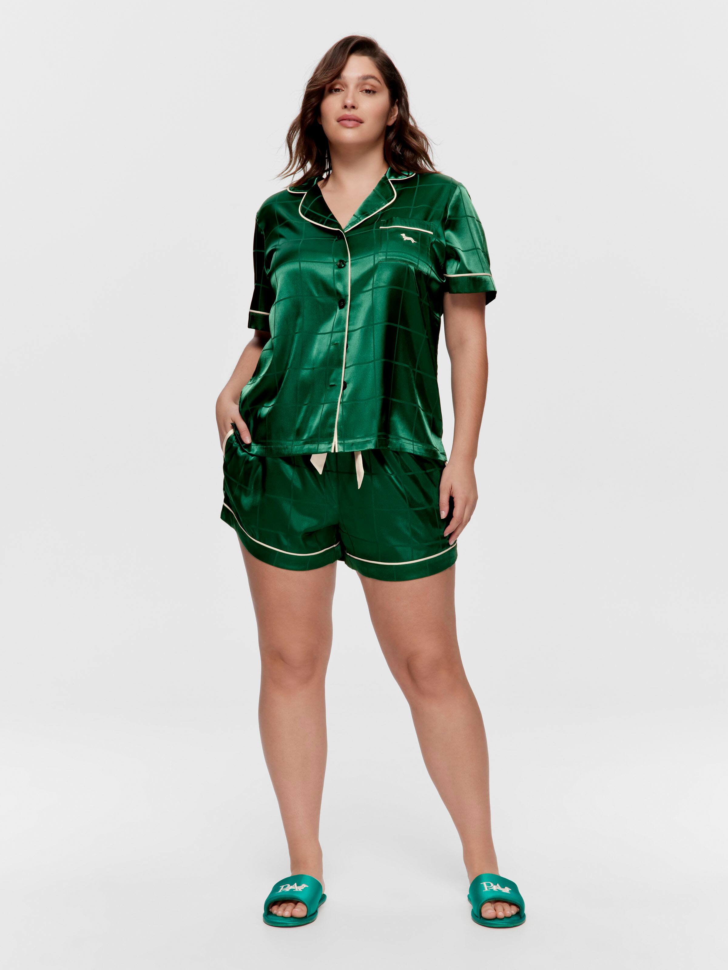 P.A. Plus Green Check Satin Shortie Pj Set