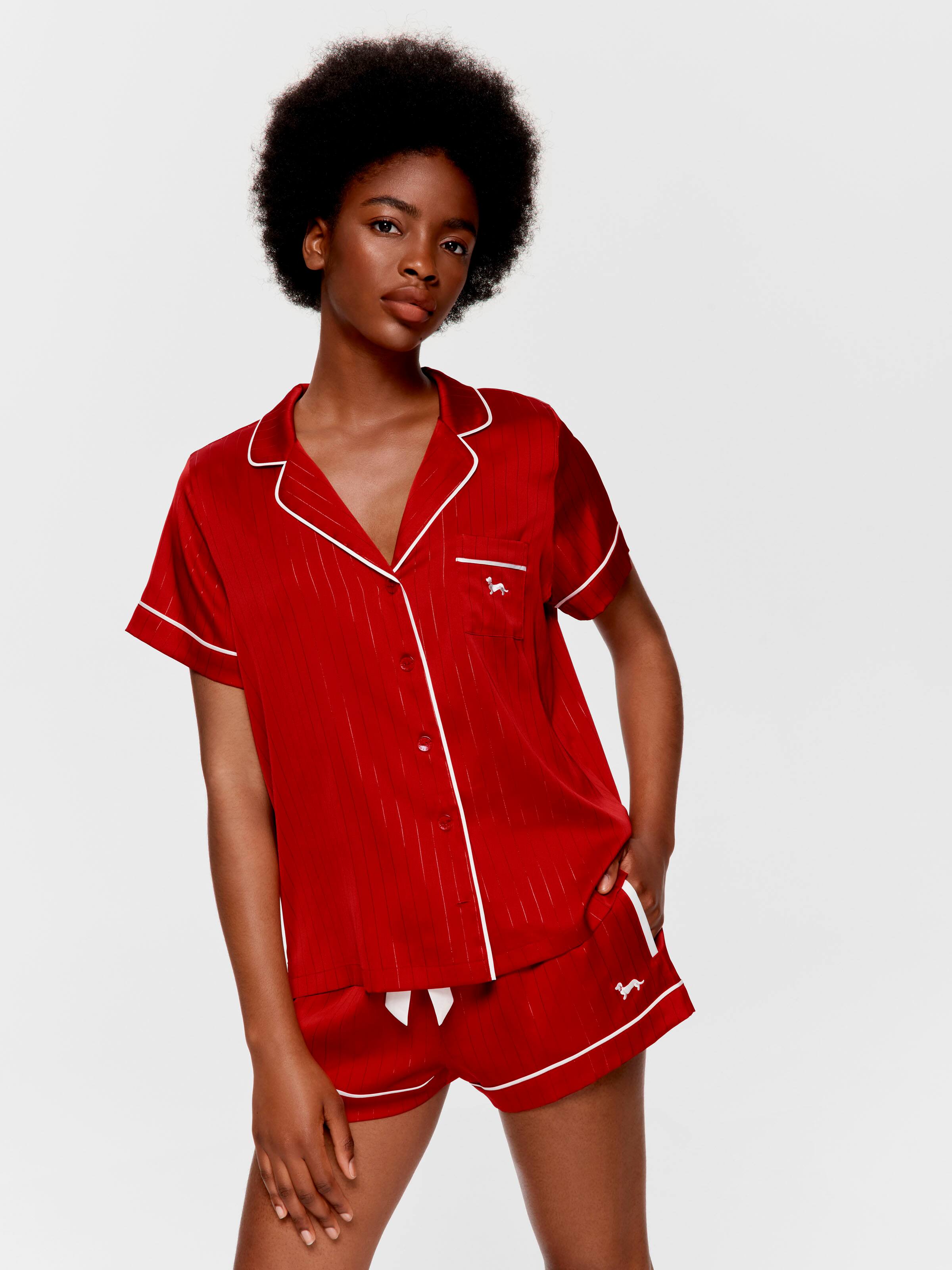 Red Lurex Satin Short Sleeve Shirt