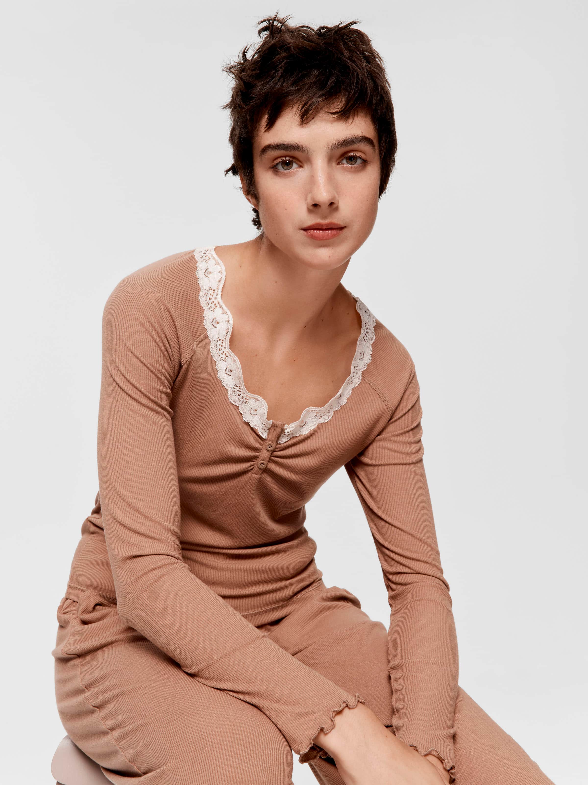 Brown Lace Trim Bamboo Rib Henley Long Sleeve Top