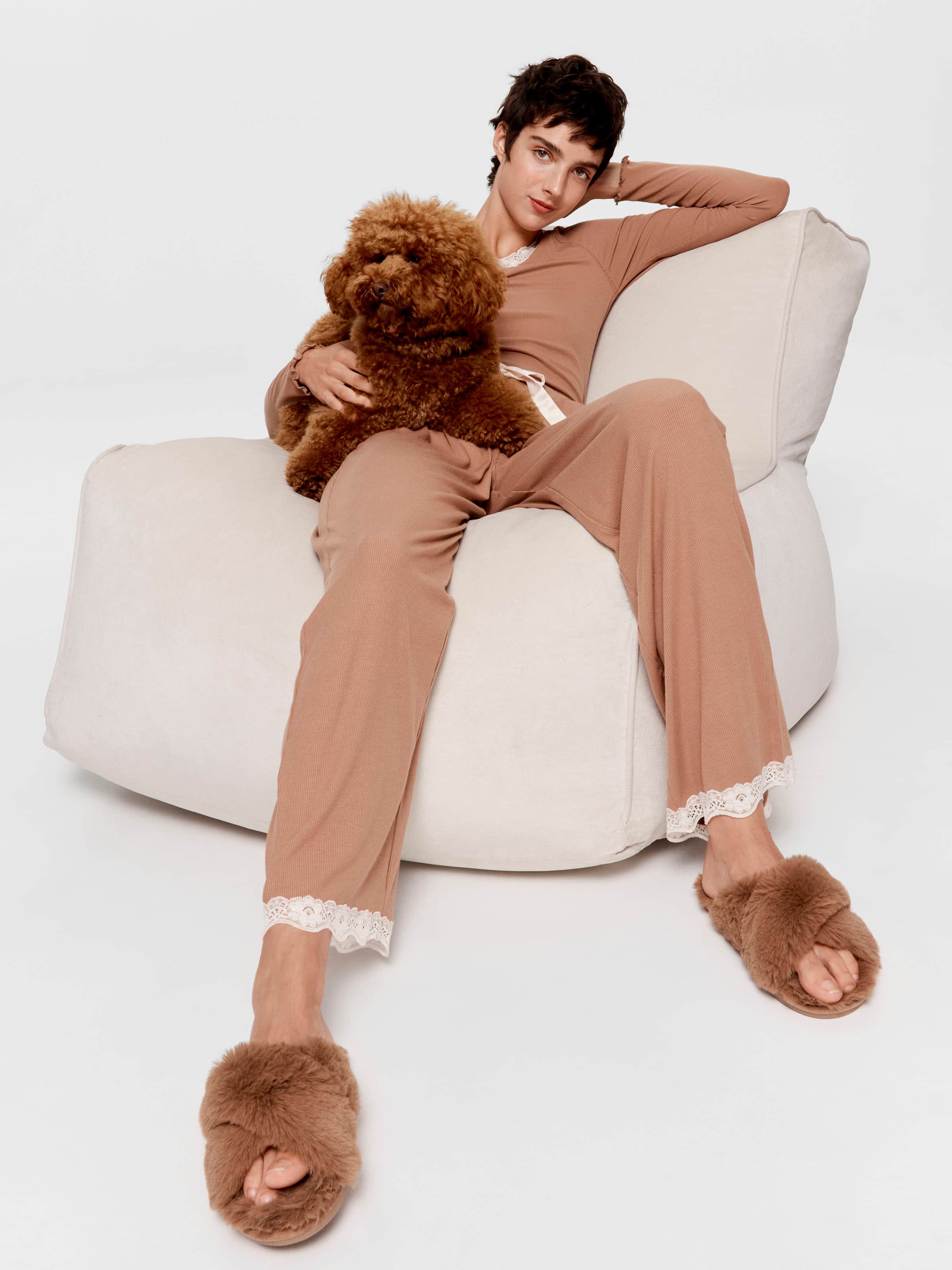 Brown Bamboo Rib Straight Leg Pj Pant