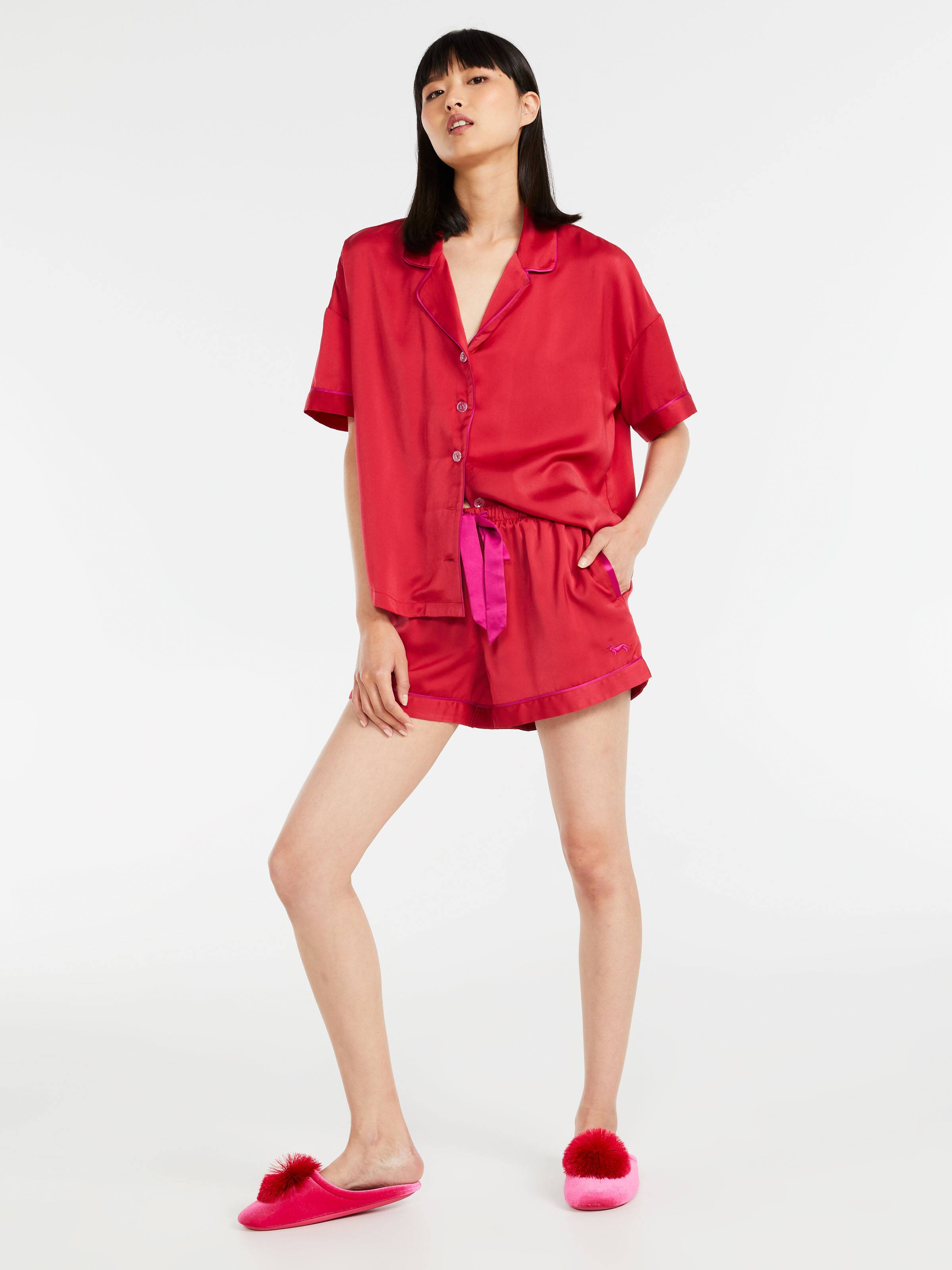 Chilli Red Chic Satin Shortie Pj Set
