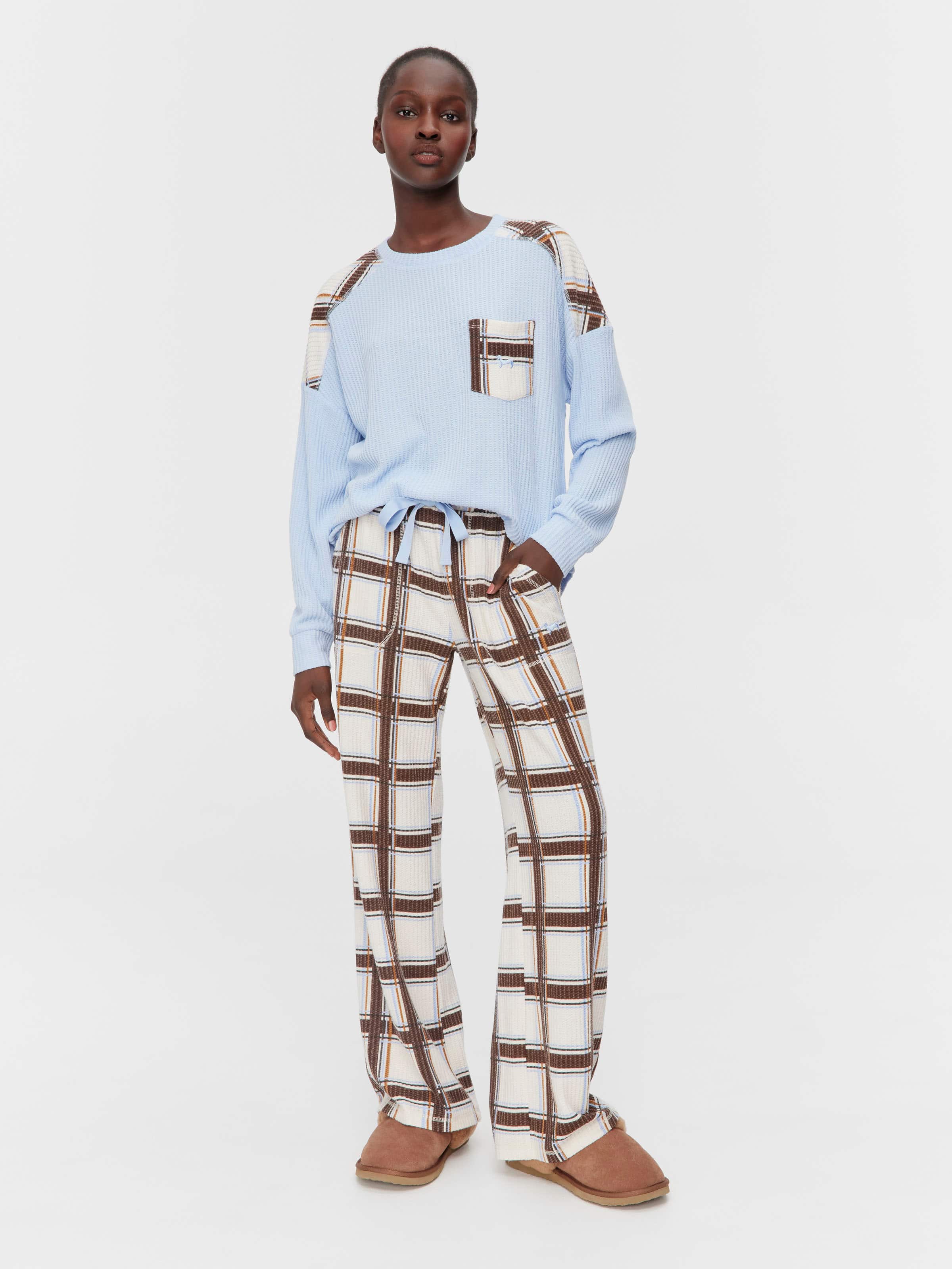 Brushed Waffle Check Wide Leg Pj Pant