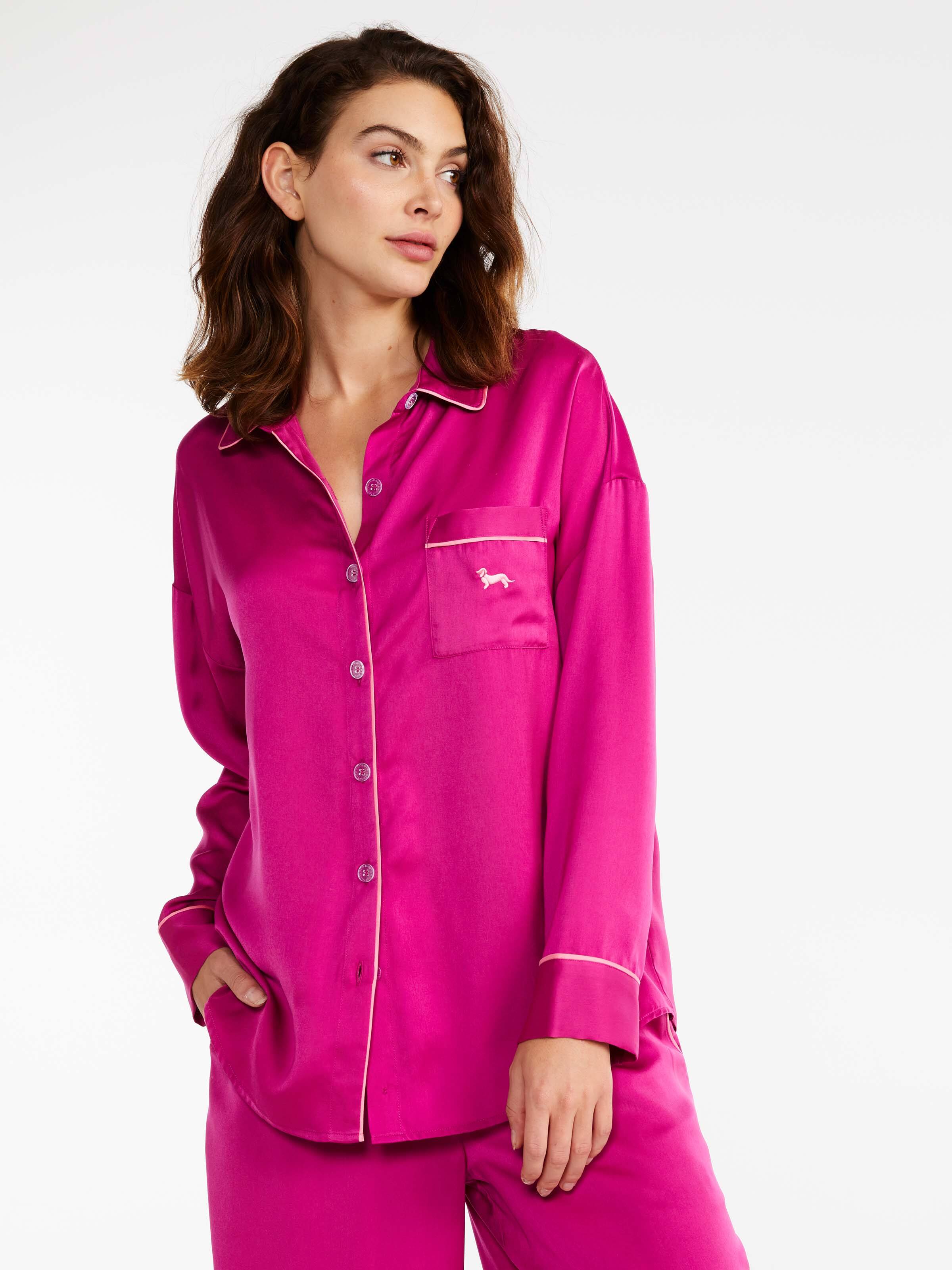 Shocking Pink Chic Satin Long Pj Set