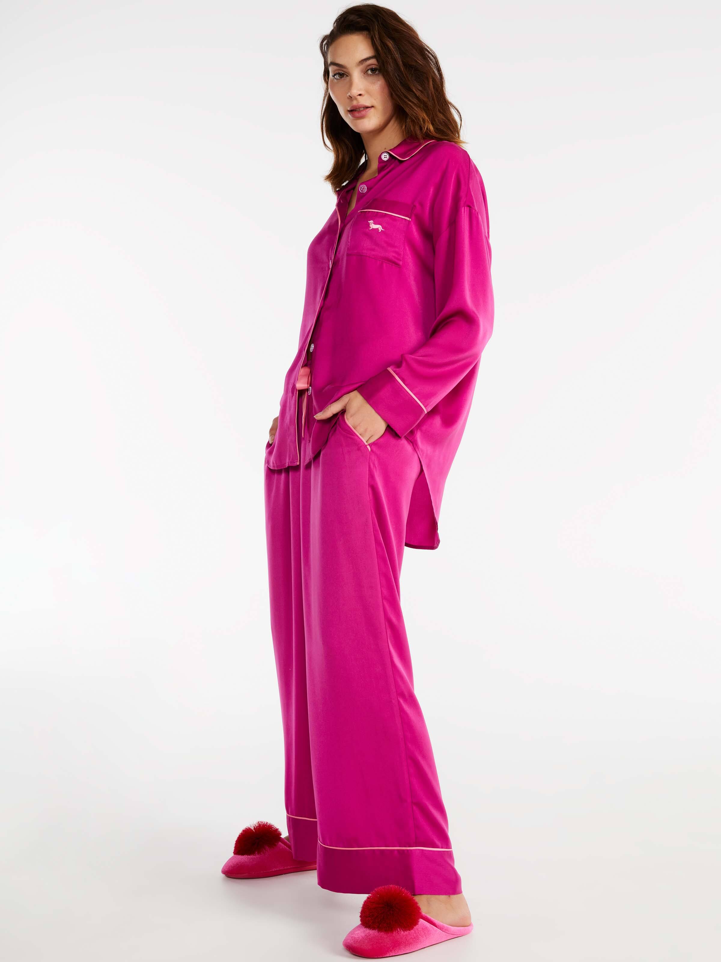 Shocking Pink Chic Satin Long Pj Set