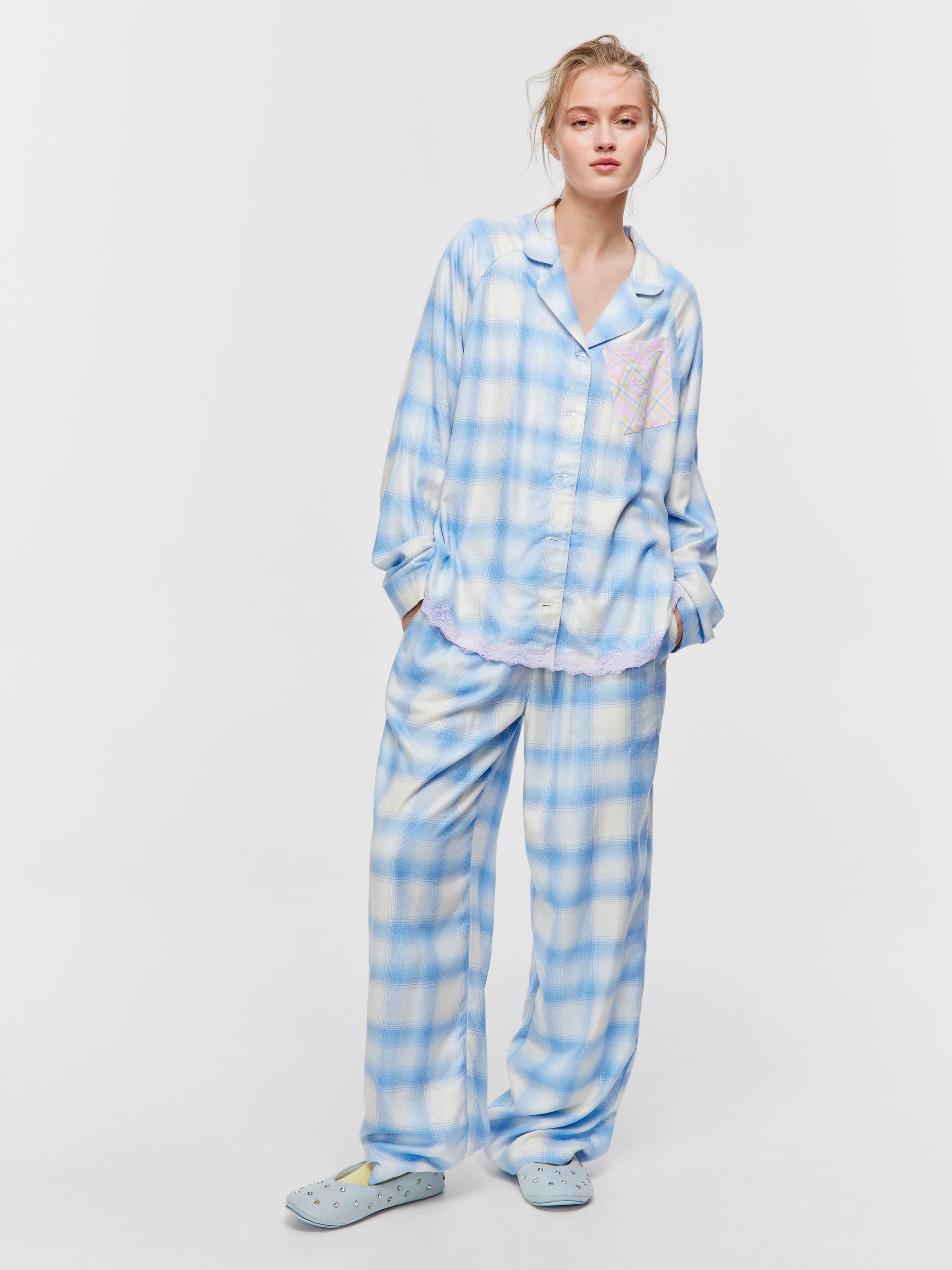 Soft Blue Contrast Check Viscose Flannelette Long Sleeve Shirt