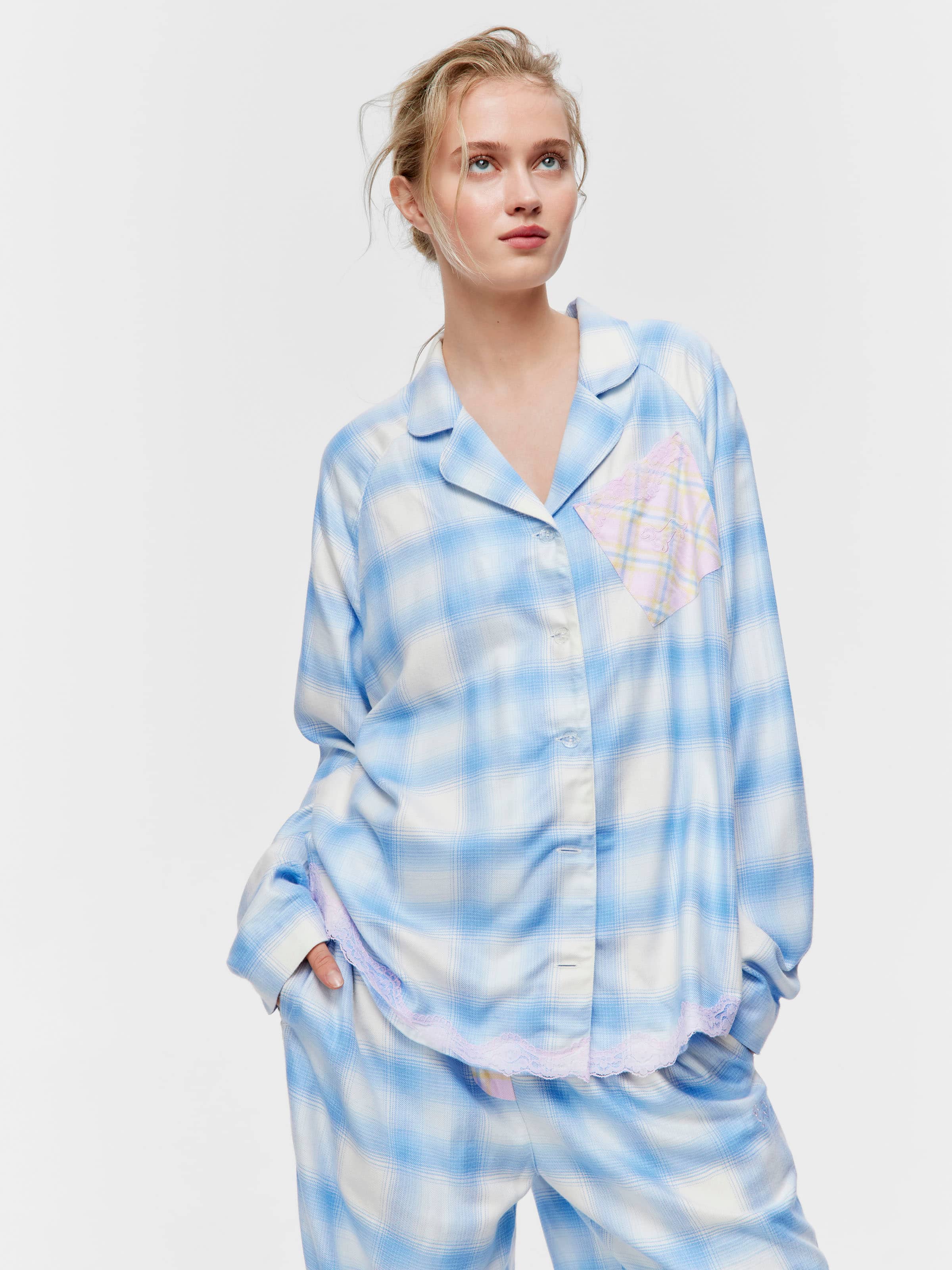 Soft Blue Contrast Check Viscose Flannelette Long Sleeve Shirt