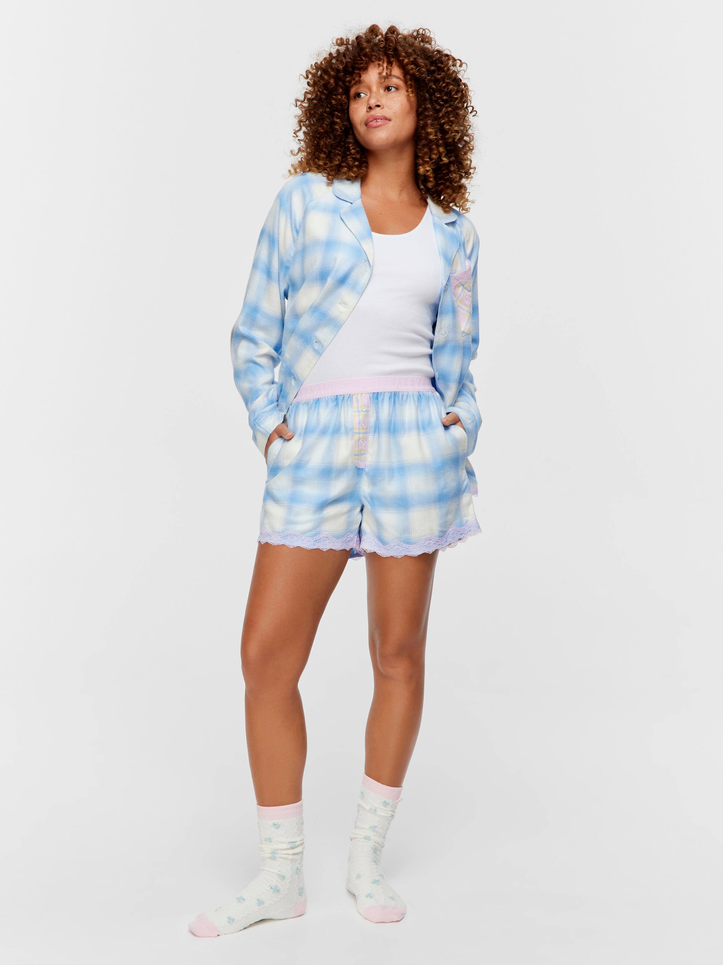 Soft Blue Contrast Check Viscose Flannelette Lace Mid Short