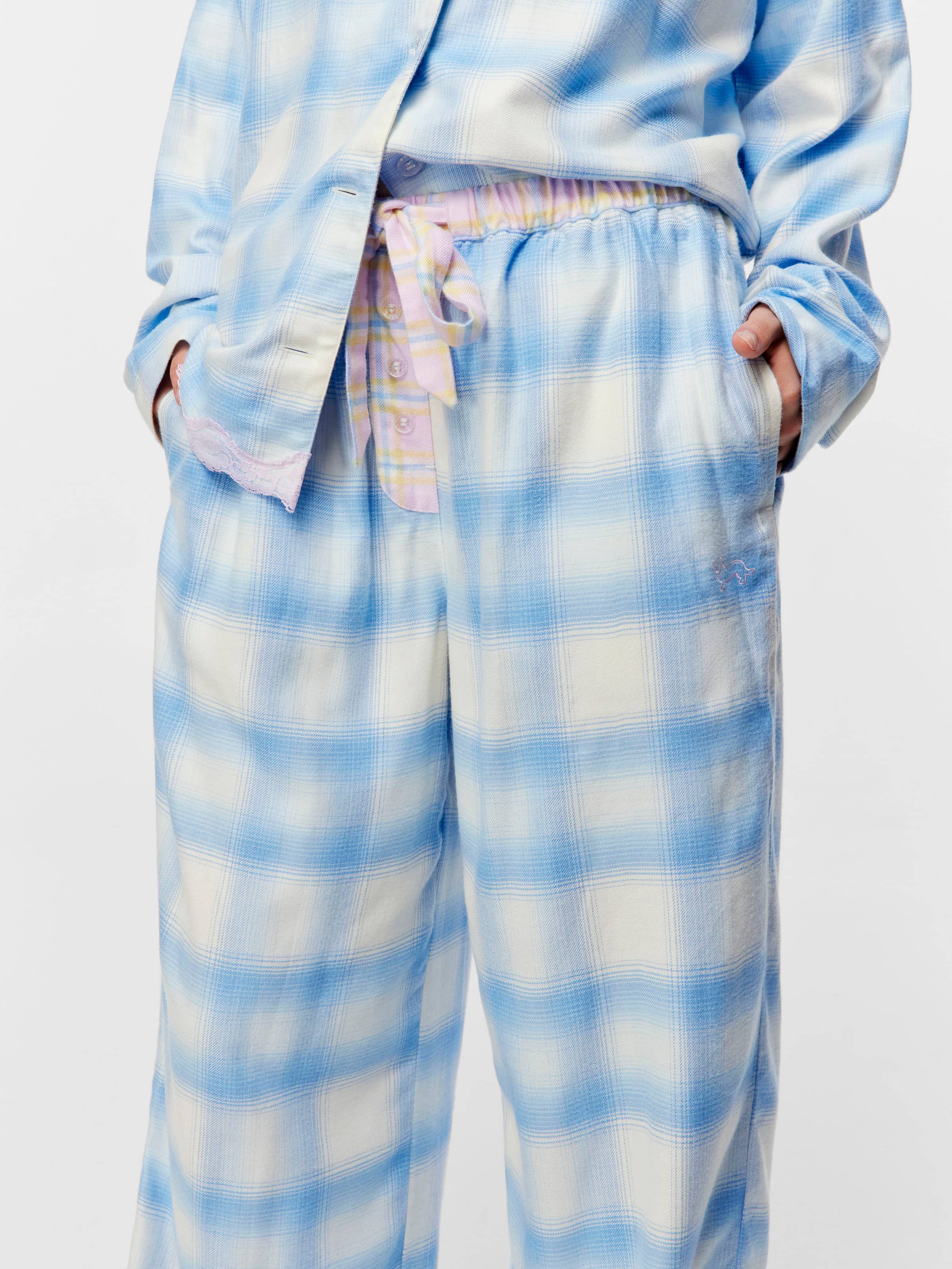 Soft Blue Contrast Check Viscose Flannelette Classic Pj Pant