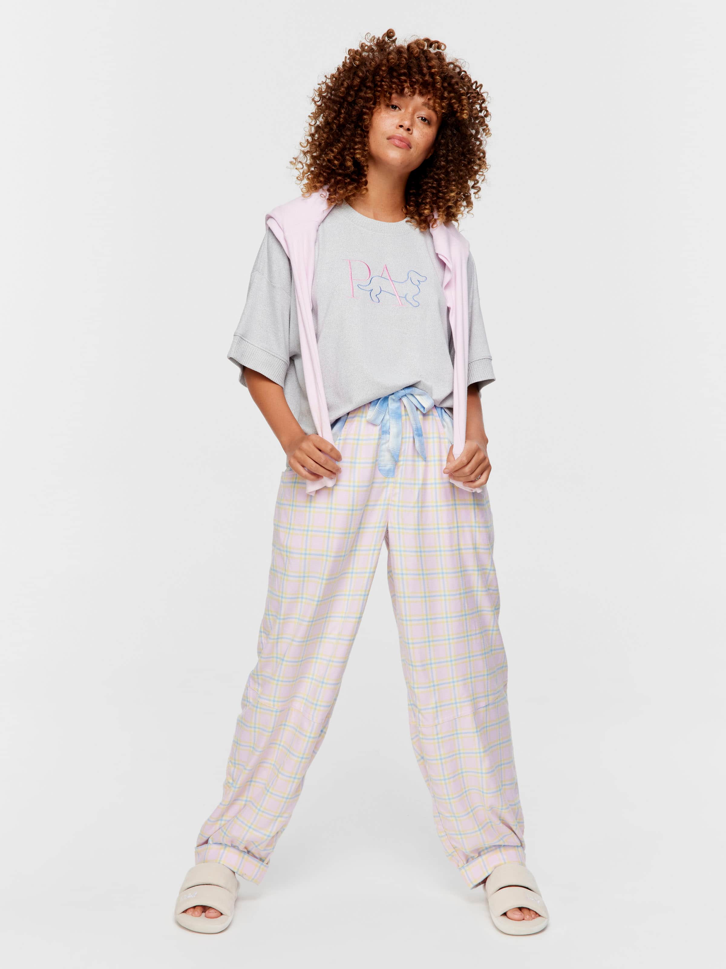 Soft Pink Contrast Check Viscose Flannelette Fashion Pj Pant