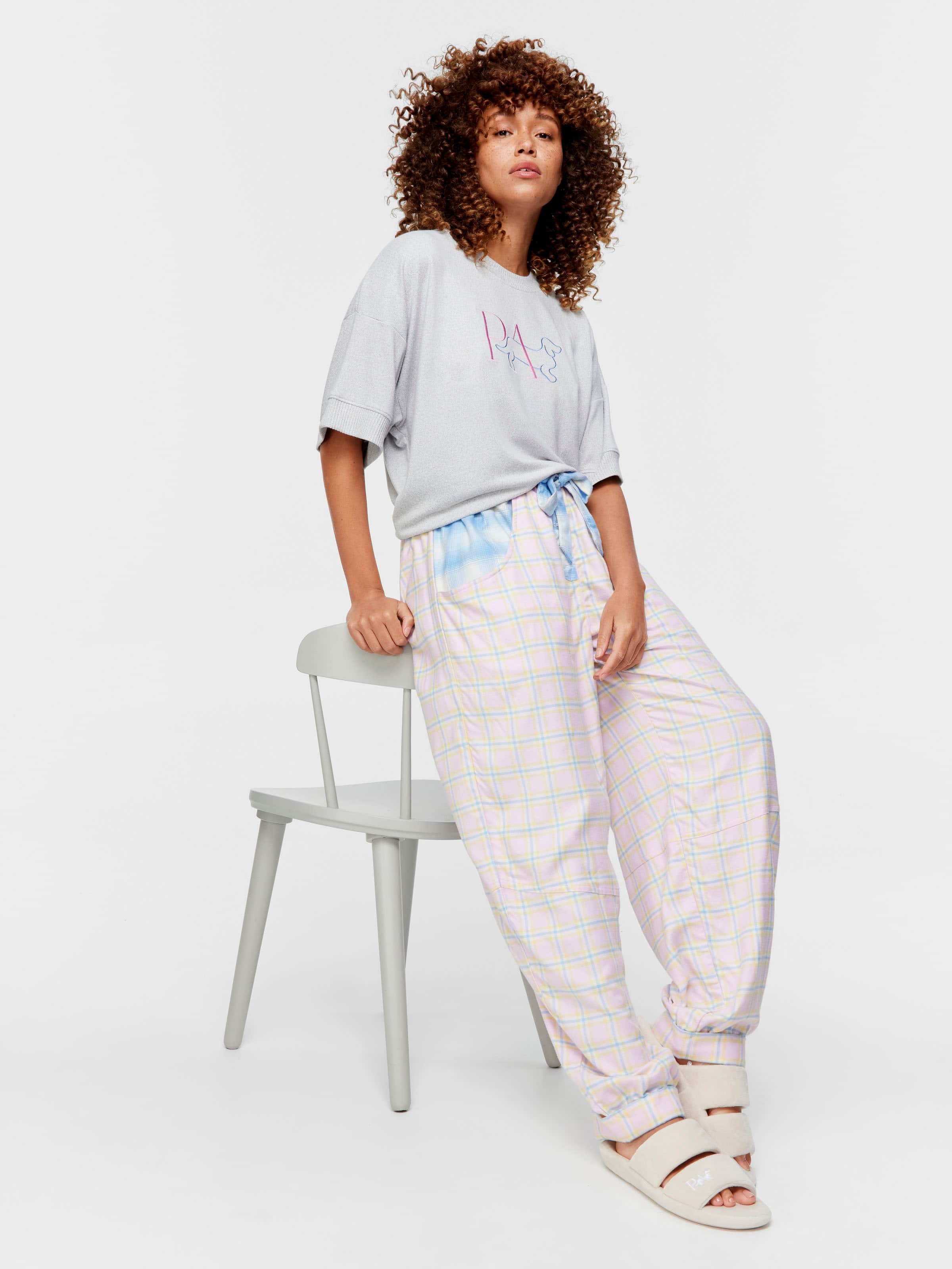 Soft Pink Contrast Check Viscose Flannelette Fashion Pj Pant