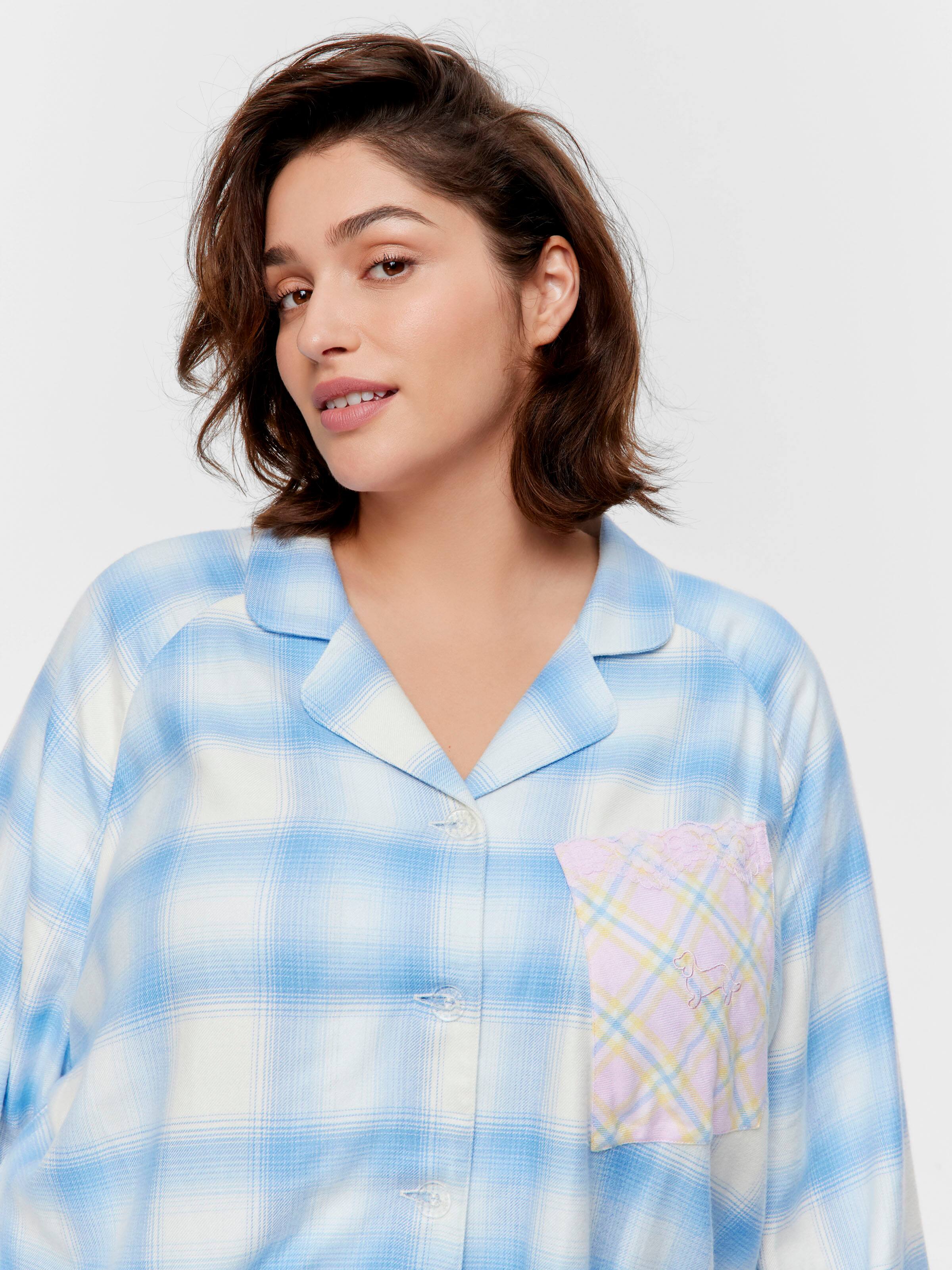 P.A. Plus Soft Blue Contrast Check Viscose Flannelette Long Sleeve Shirt