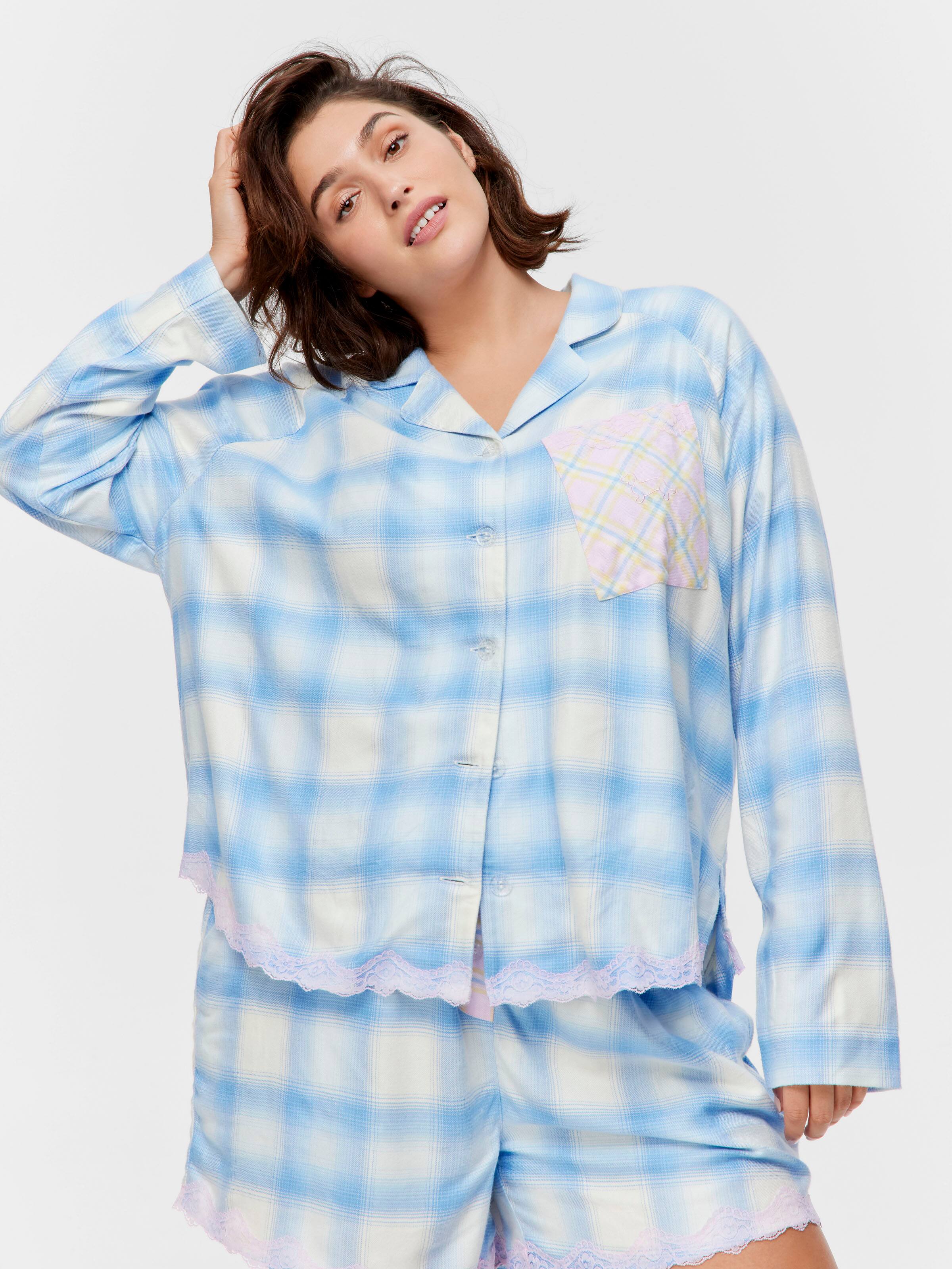 P.A. Plus Soft Blue Contrast Check Viscose Flannelette Long Sleeve Shirt