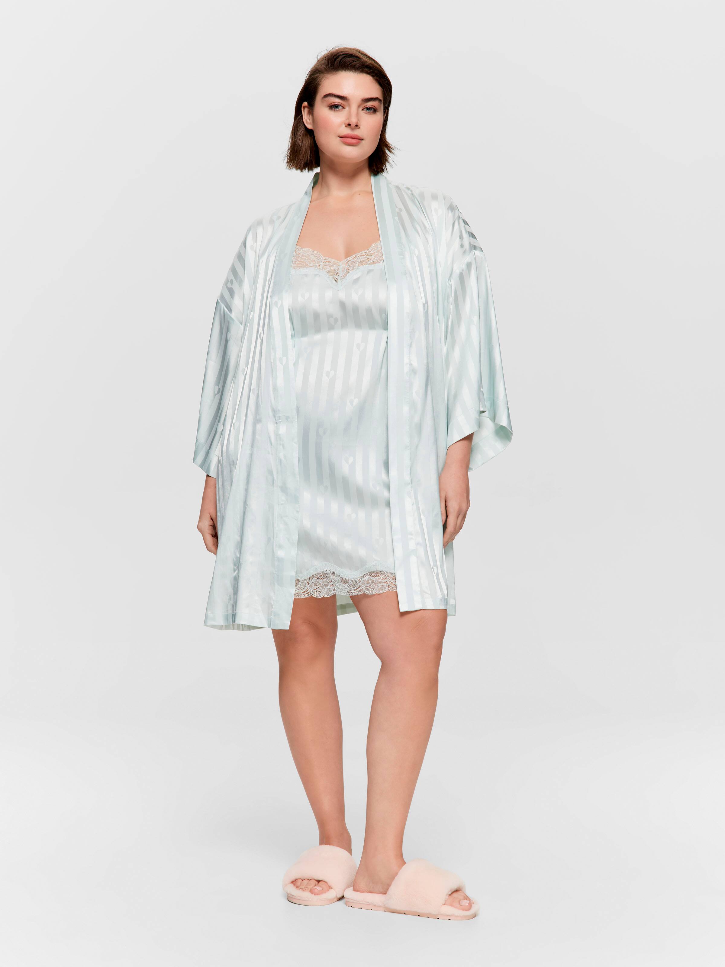 P.A. Plus Mint Stripe Heart Satin Kimono Gown