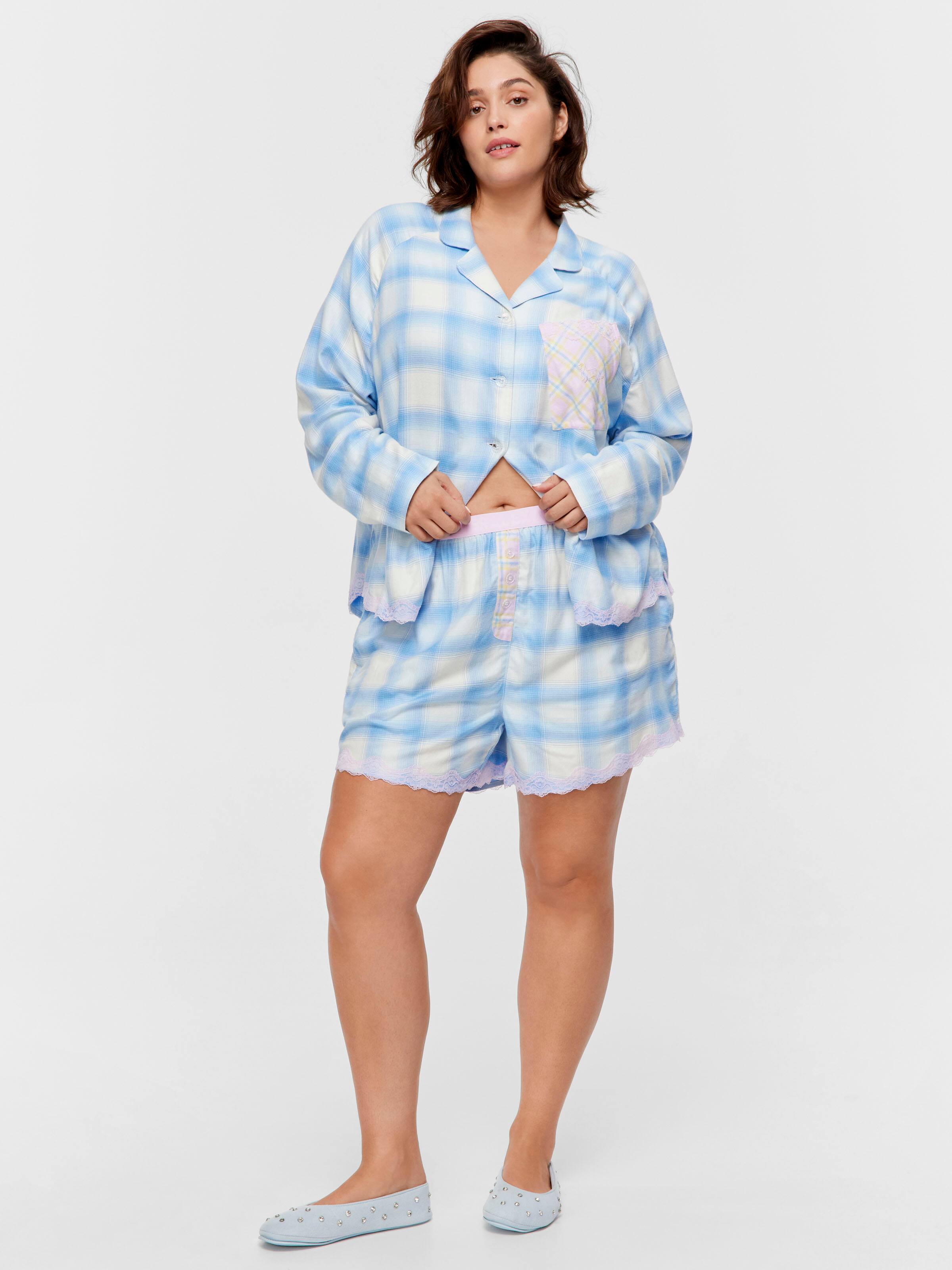 P.A. Plus Soft Blue Contrast Check Viscose Flannelette Lace Mid Short