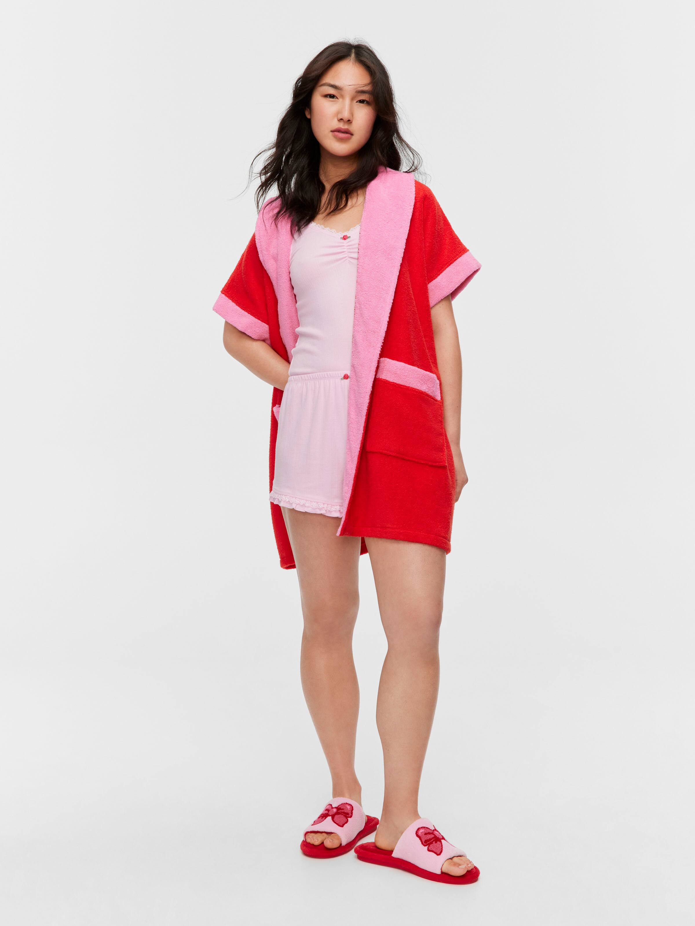 Red & Pink 100% Cotton Towelling Gown