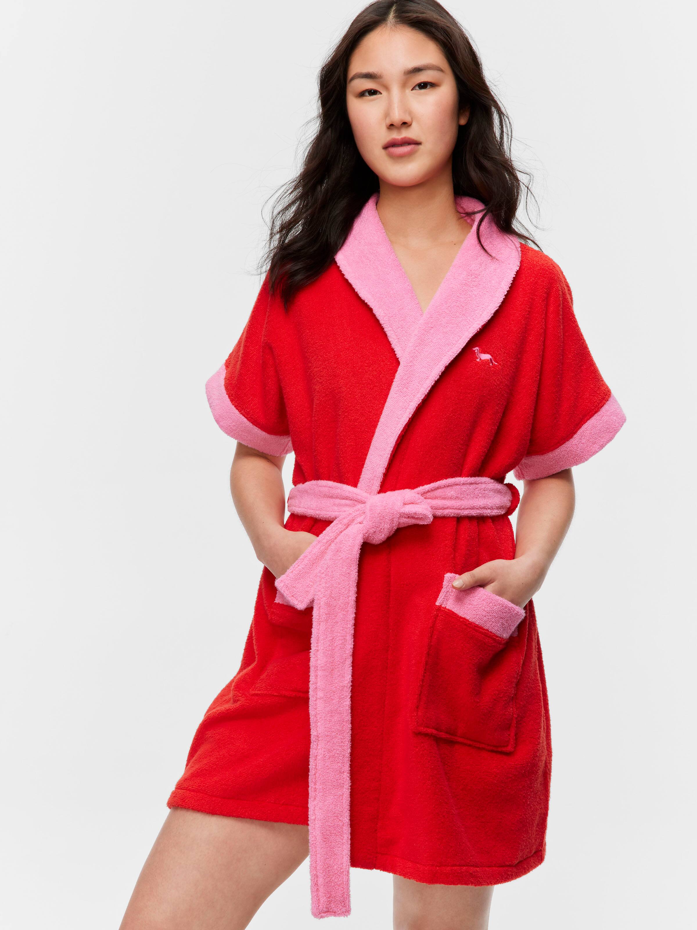 Red & Pink 100% Cotton Towelling Gown