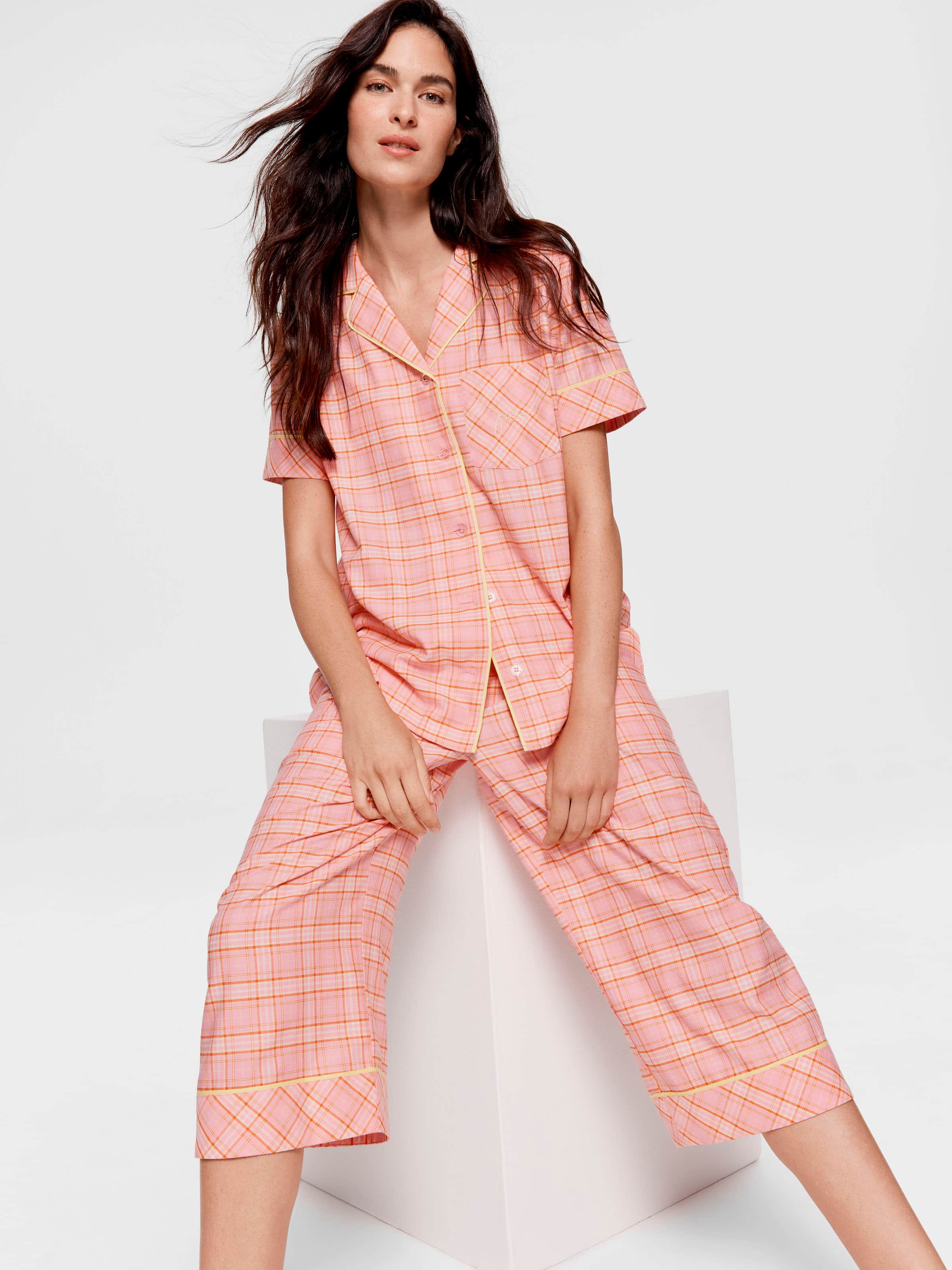 Pink & Yellow Check 100% Cotton 3/4 Pj Set