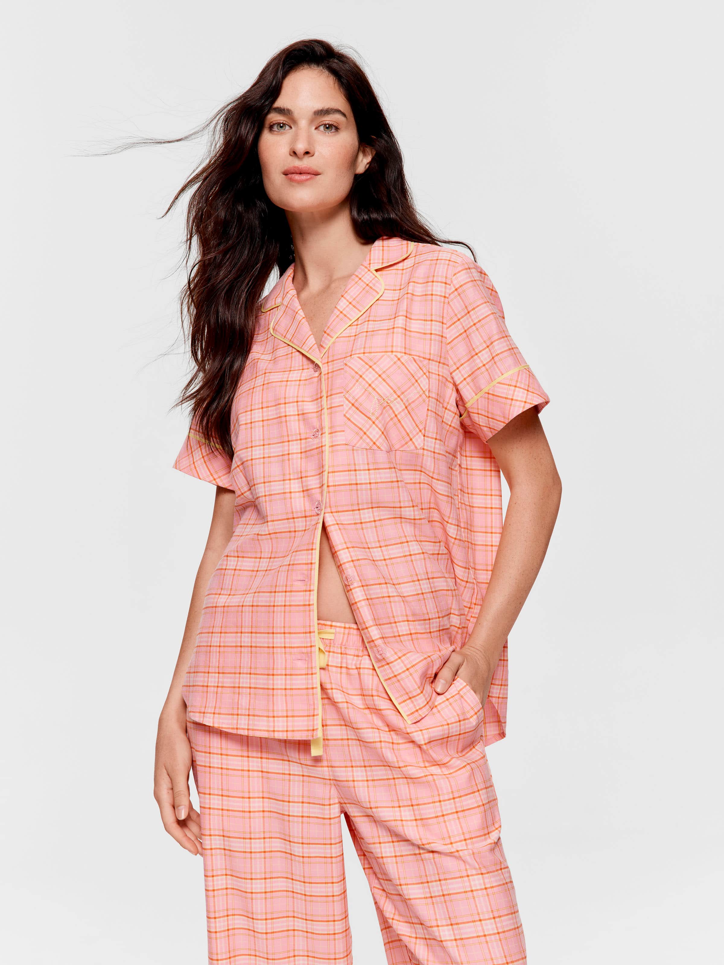 Pink & Yellow Check 100% Cotton 3/4 Pj Set