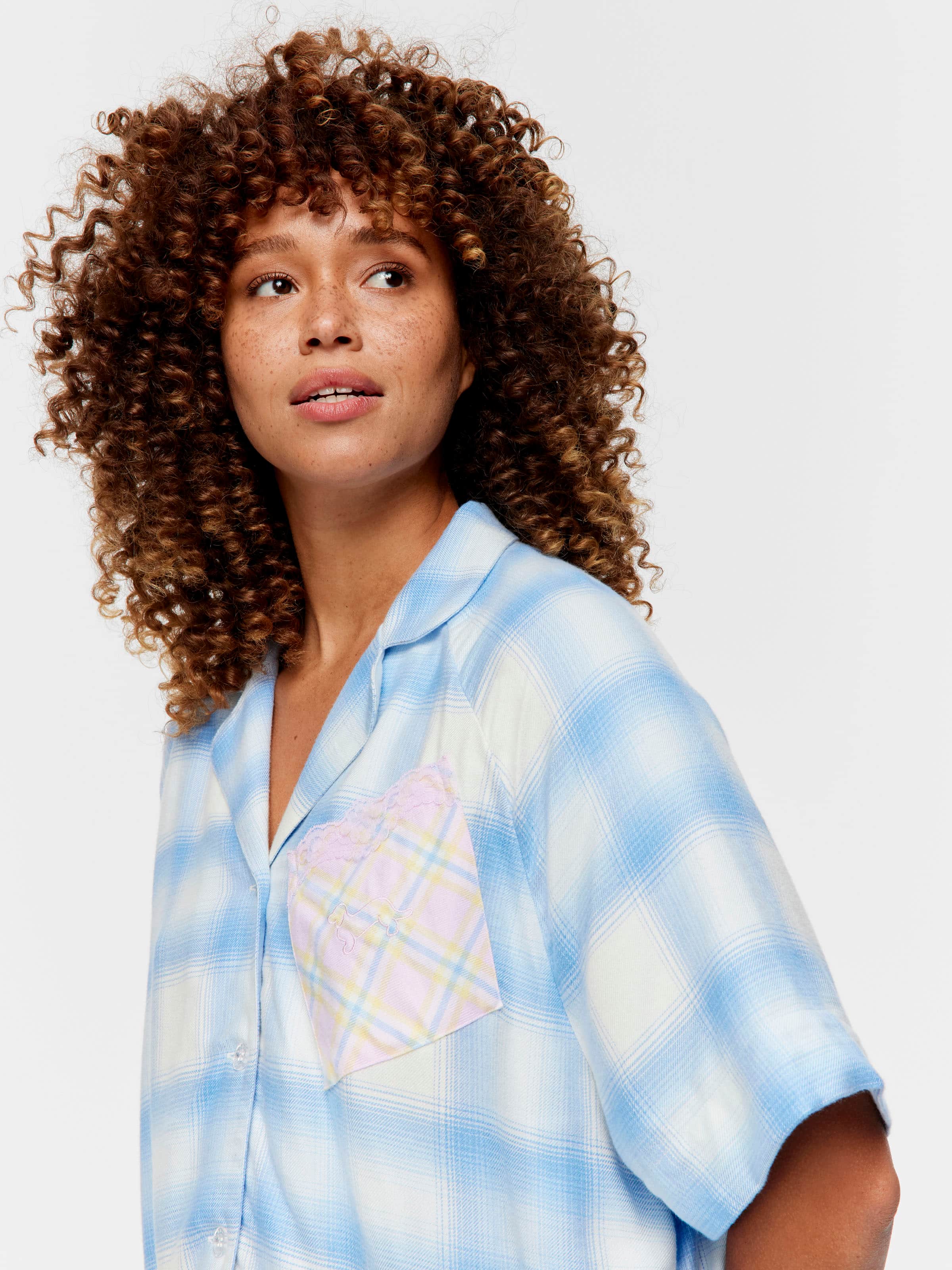 Soft Blue Contrast Check Viscose Flannelette Short Sleeve Shirt