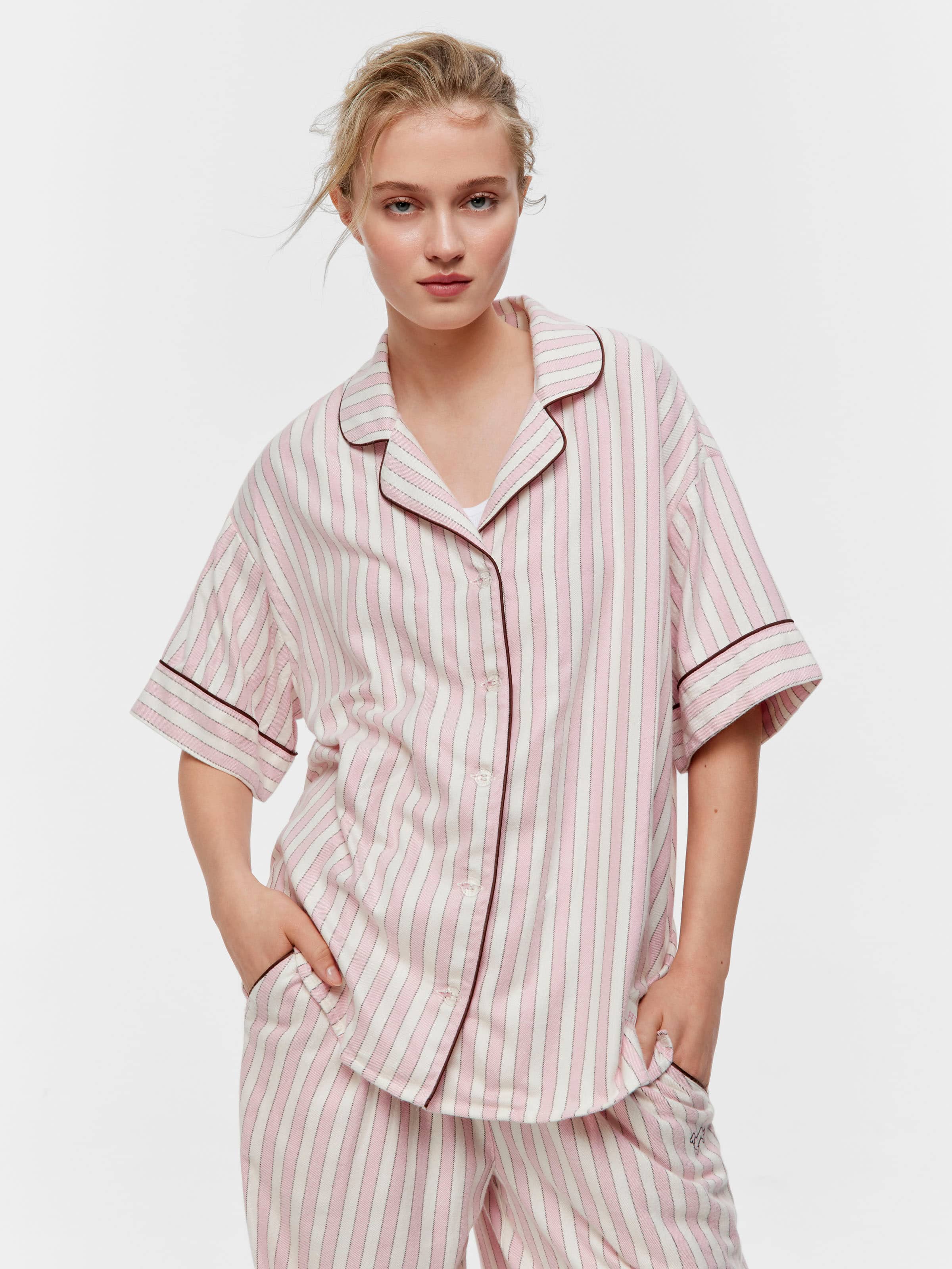 Pink Stripe Viscose Flannelette Short Sleeve Shirt