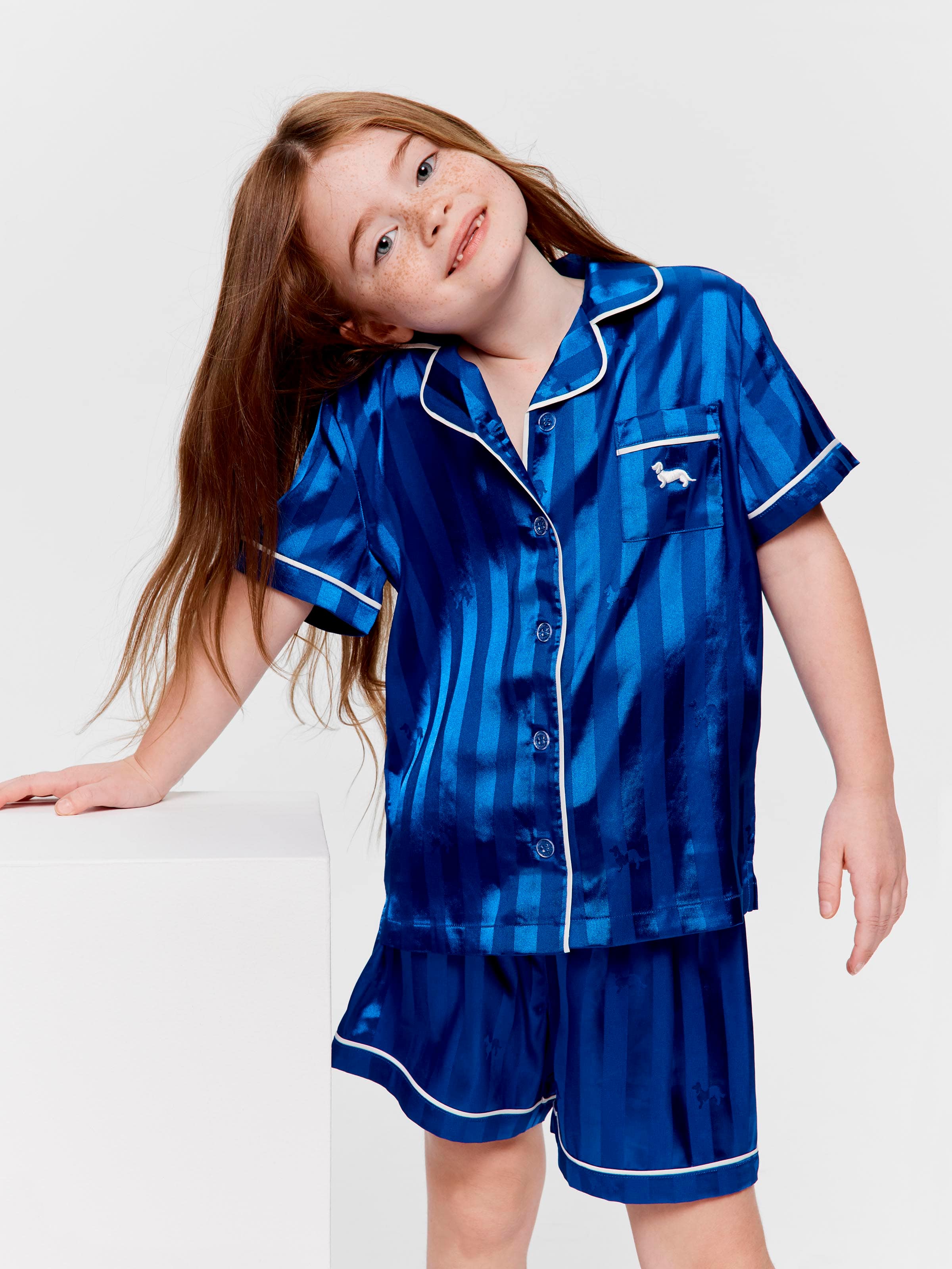 Jnr Girls Cobalt Satin Shortie Pj Set