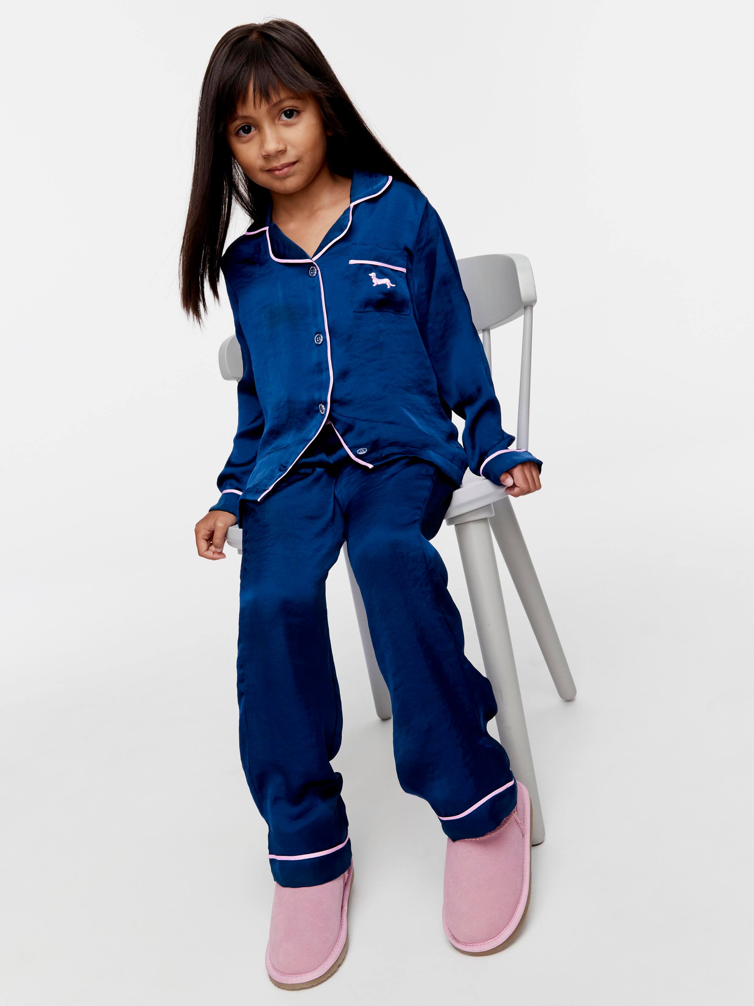 Jnr Girls Long Navy Chic Satin Pj Set