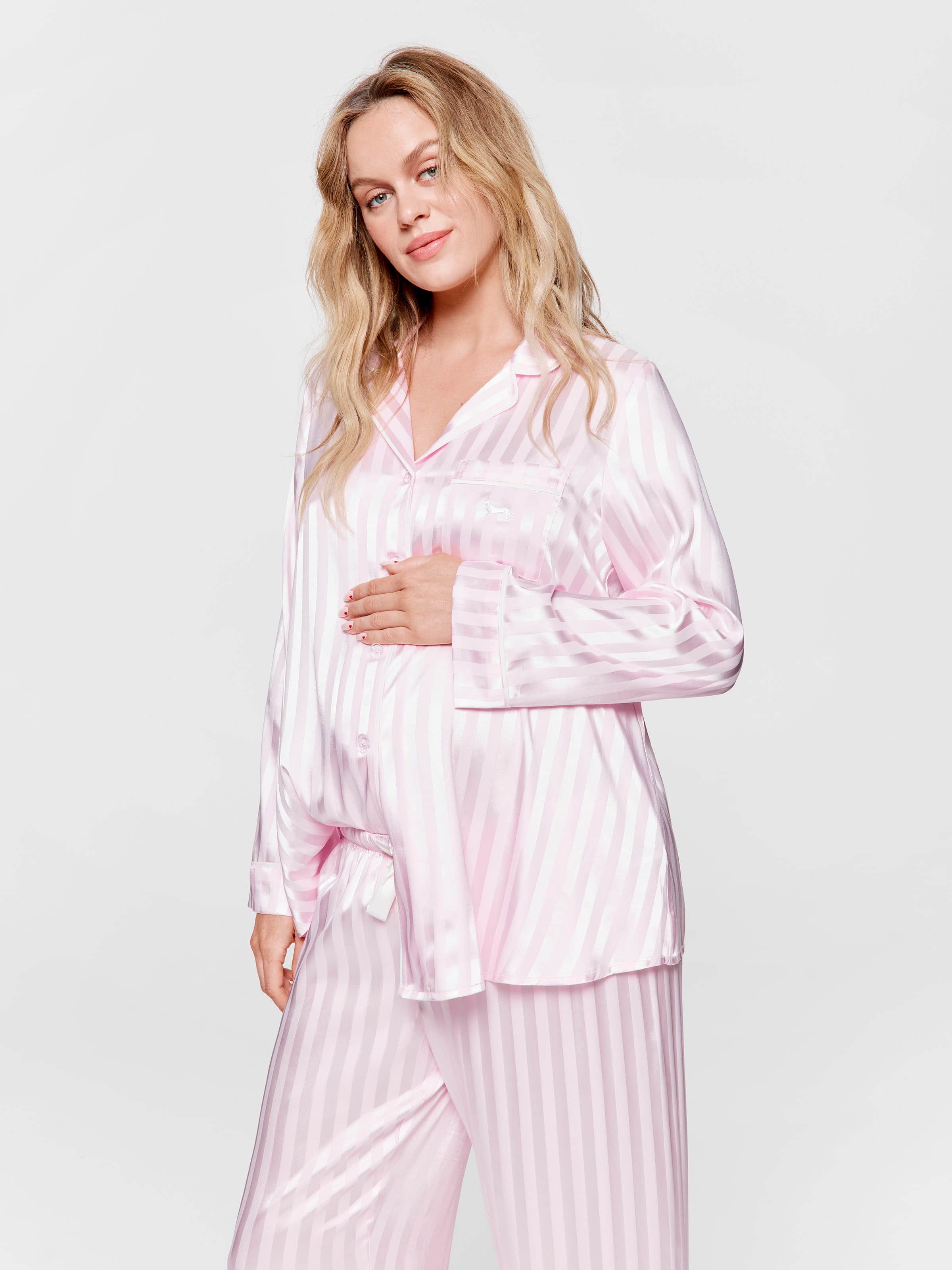 Maternity Long Pink Stripe Chic Satin Pj Set