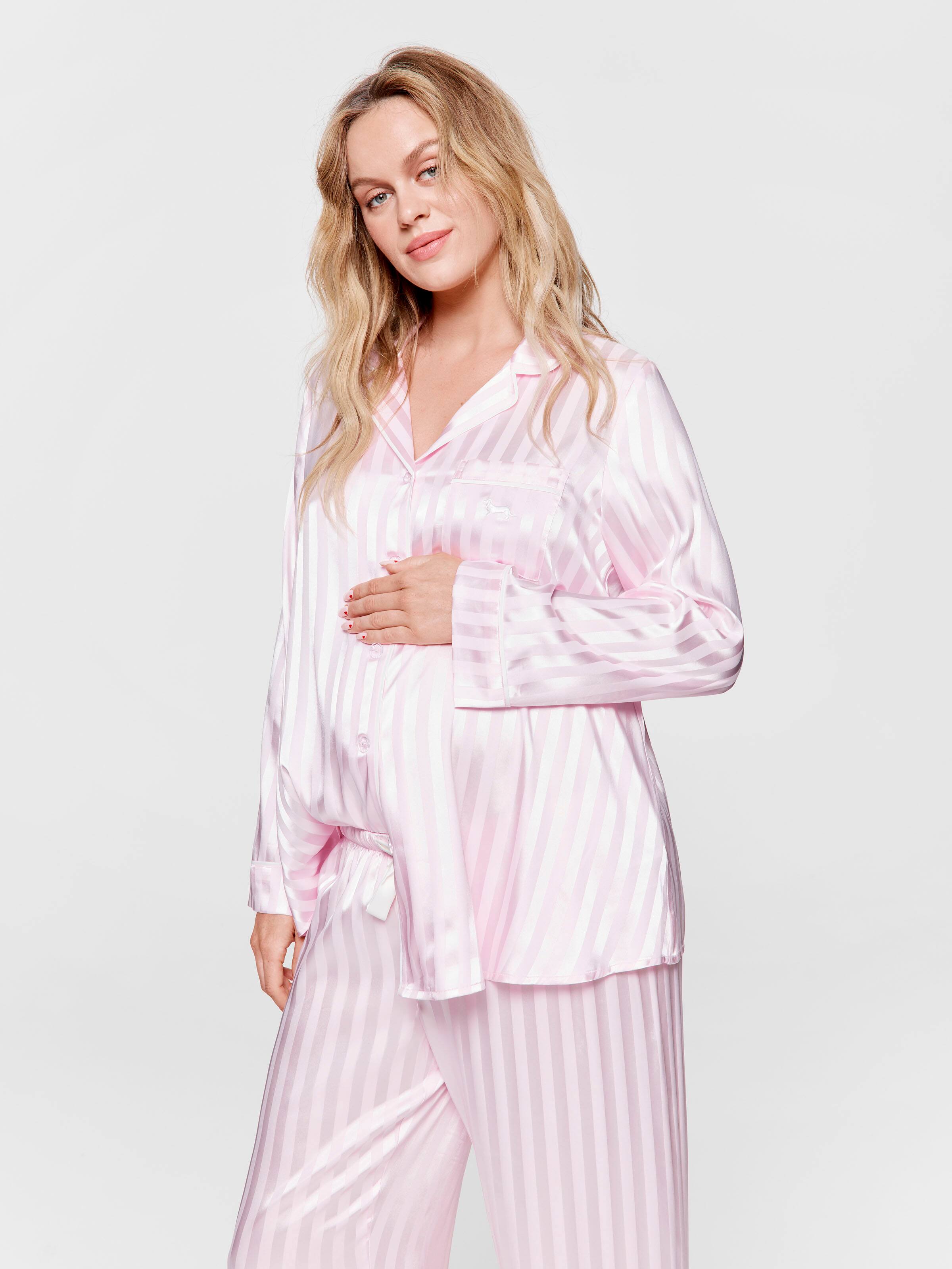 Maternity Long Pink Stripe Chic Satin Pj Set