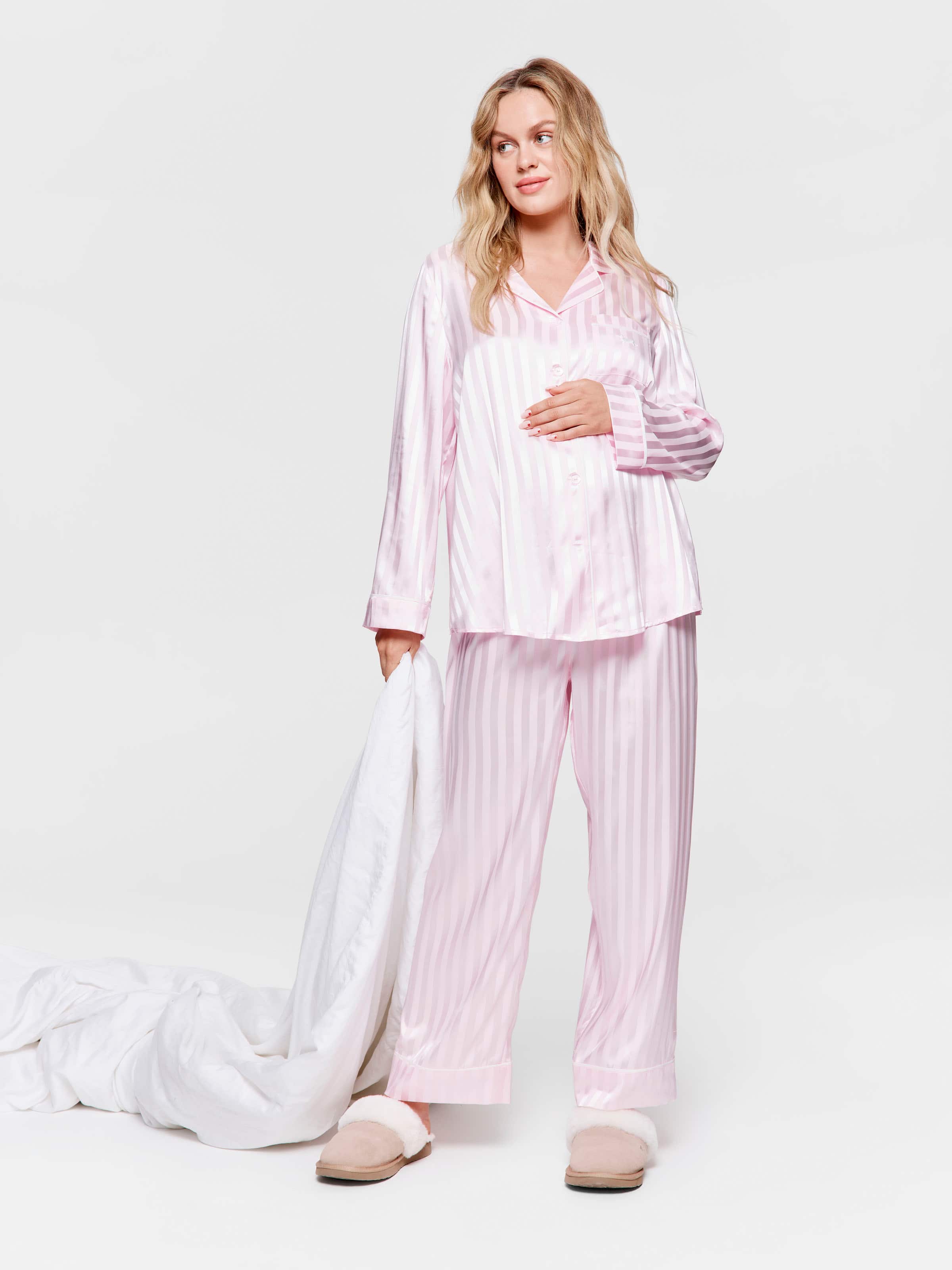 Maternity Long Pink Stripe Chic Satin Pj Set