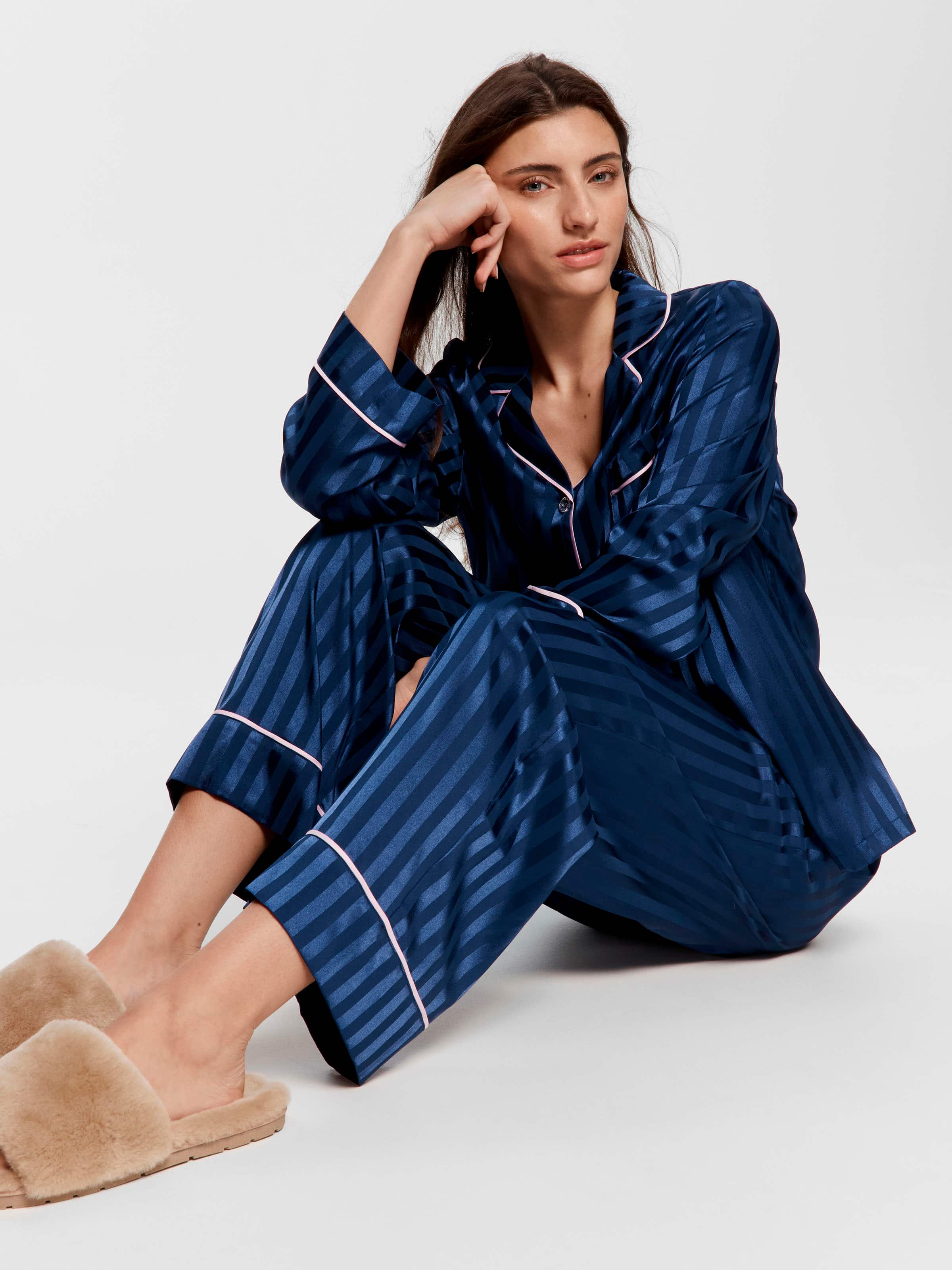 Navy Stripe Chic Satin Long Sleeve Pj Set