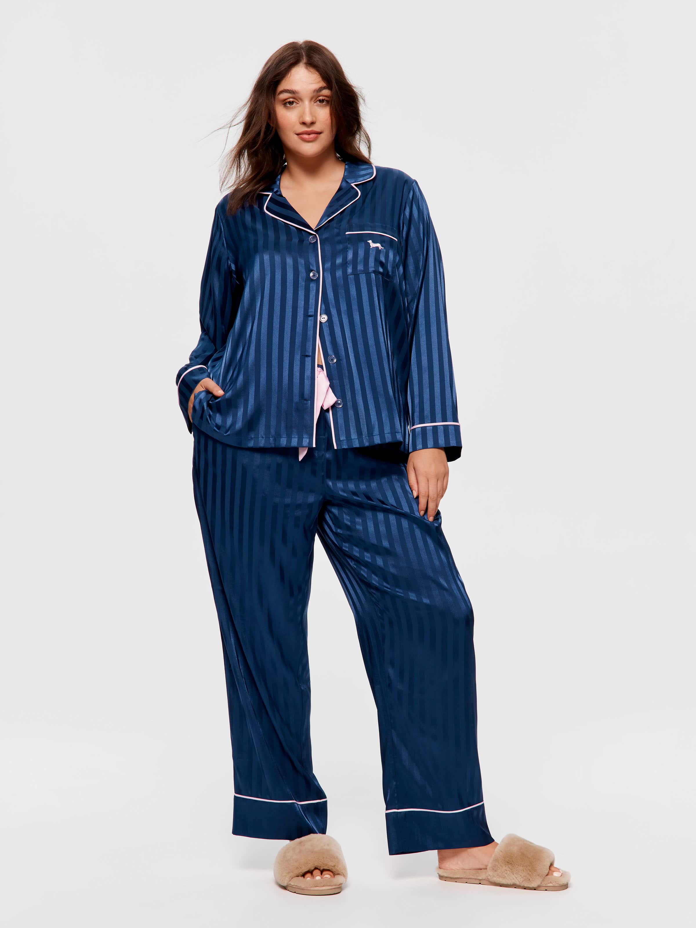 P.A. Plus Navy Stripe Chic Satin Long Sleeve Pj Set