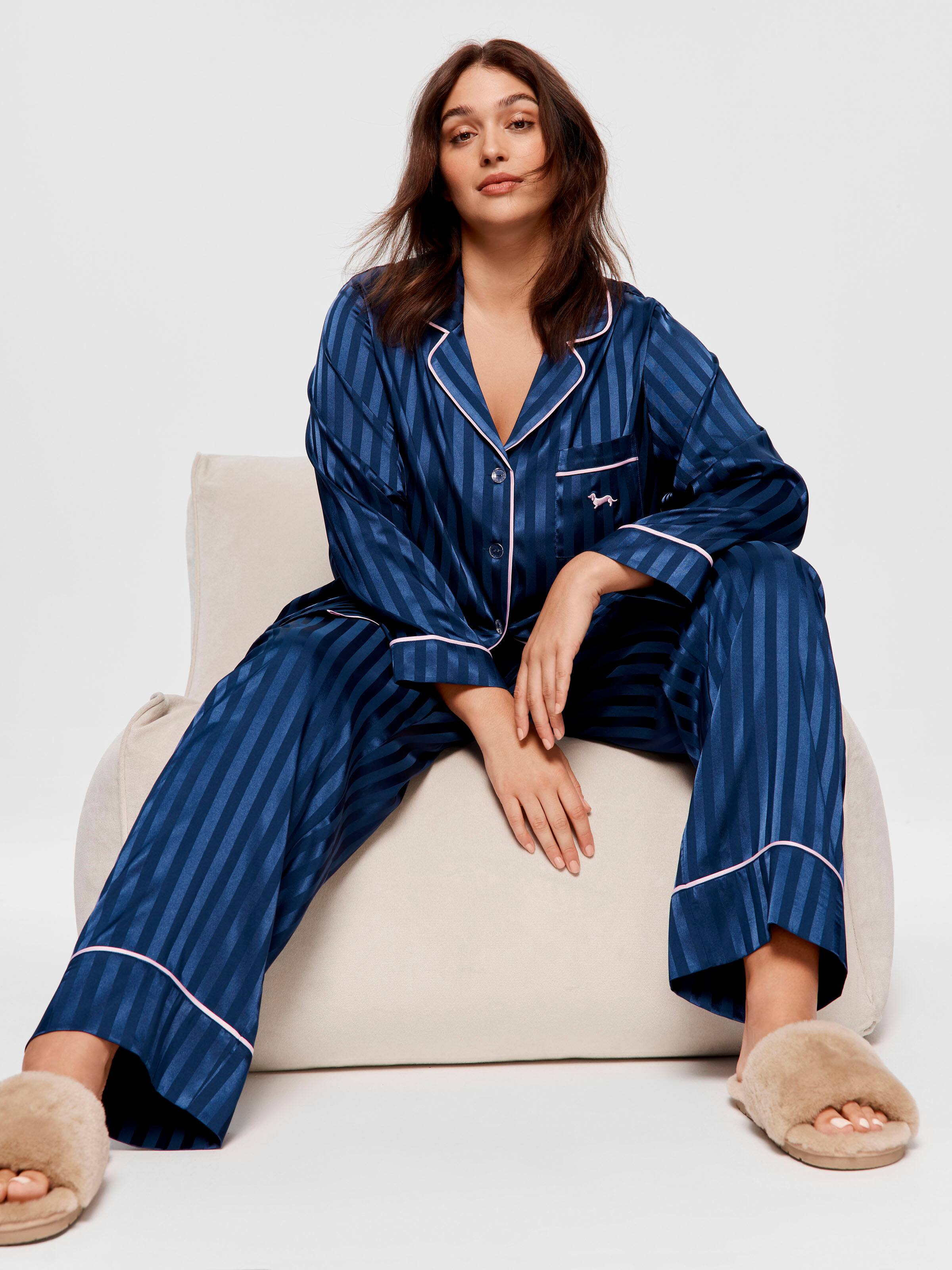 P.A. Plus Navy Stripe Chic Satin Long Sleeve Pj Set