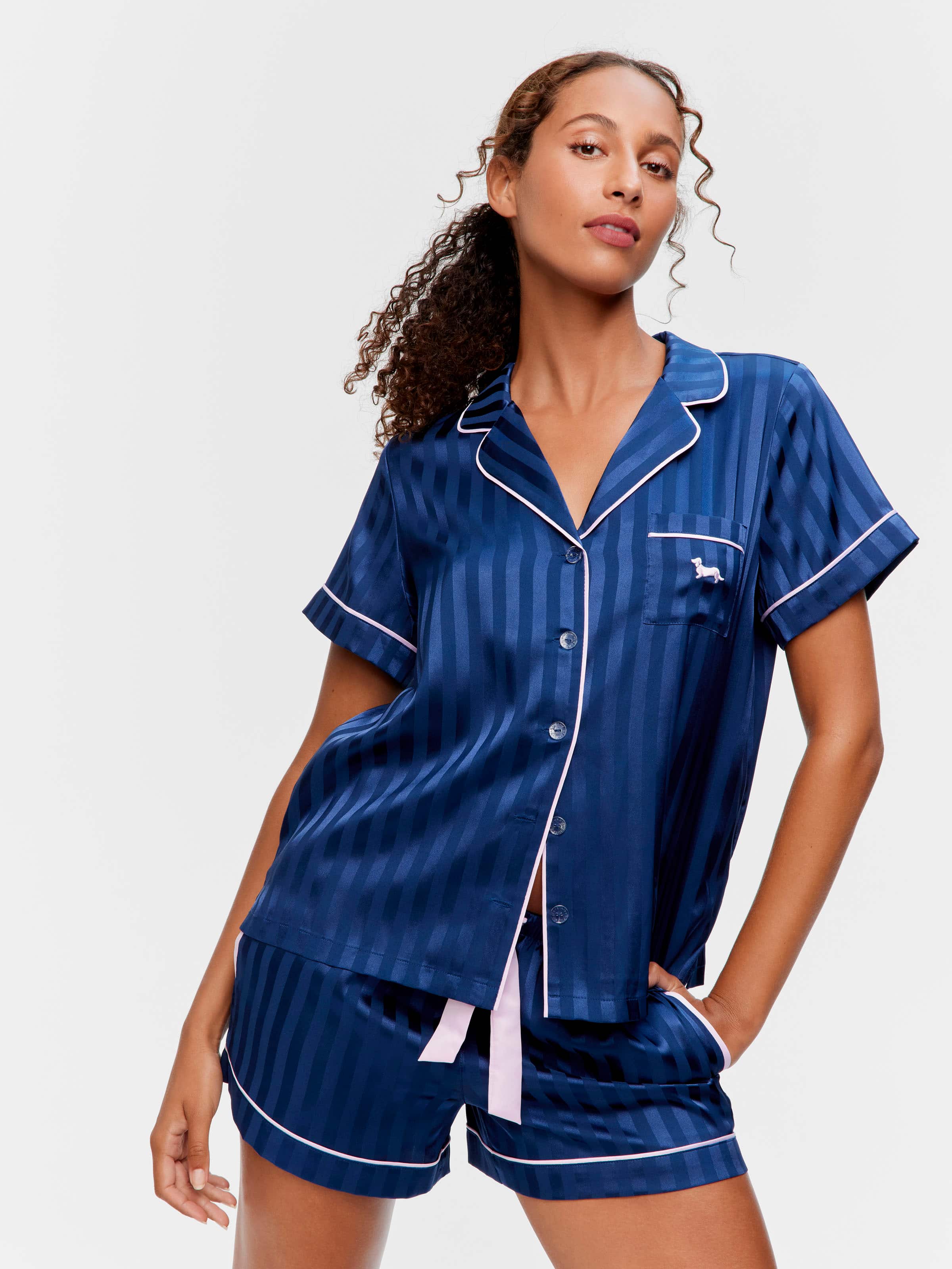 Navy Stripe Chic Satin Shortie Pj Set Navy Stripe - Peter Alexander Online