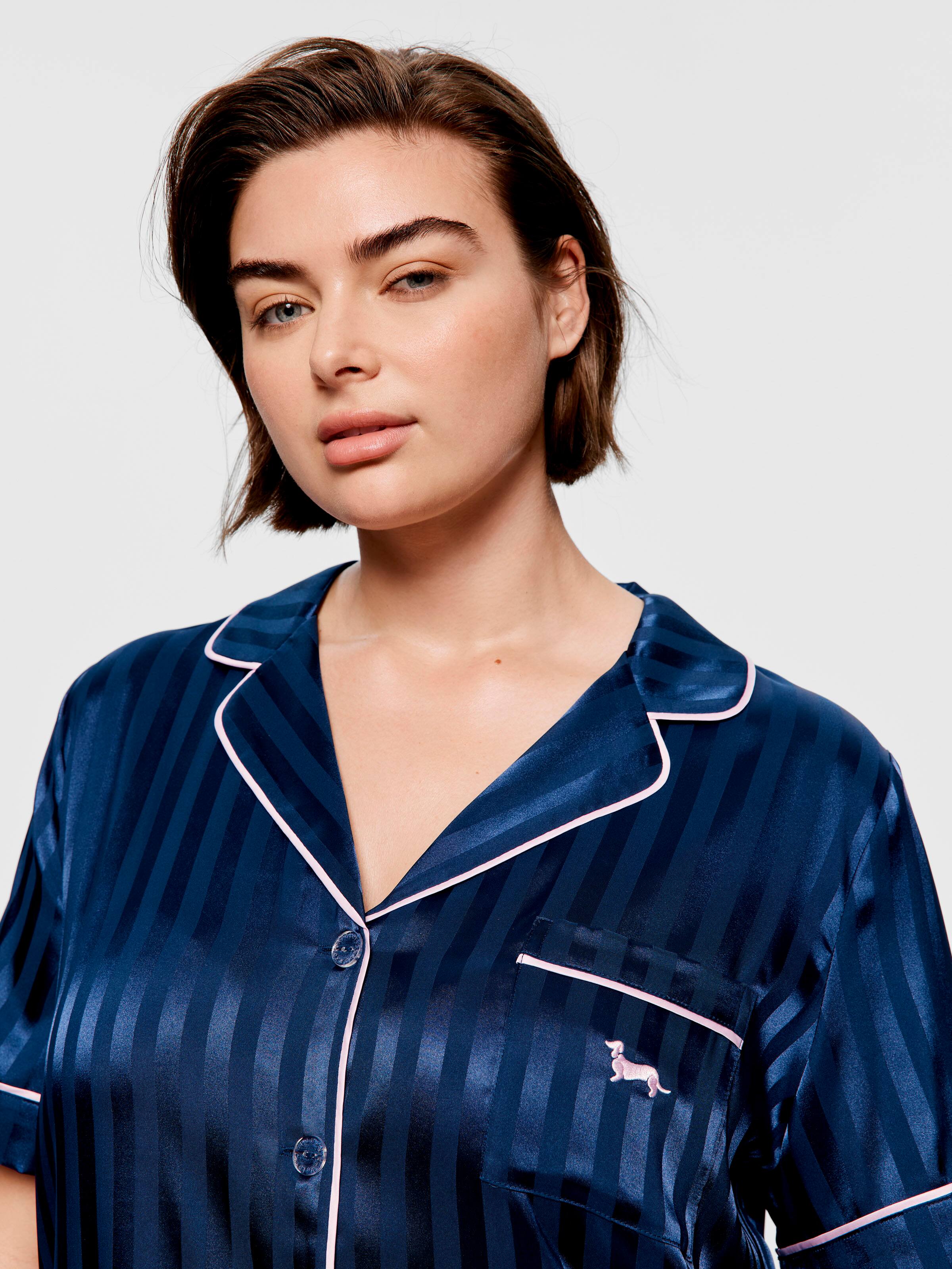 P.A. Plus Navy Stripe Chic Satin Shortie Pj Set
